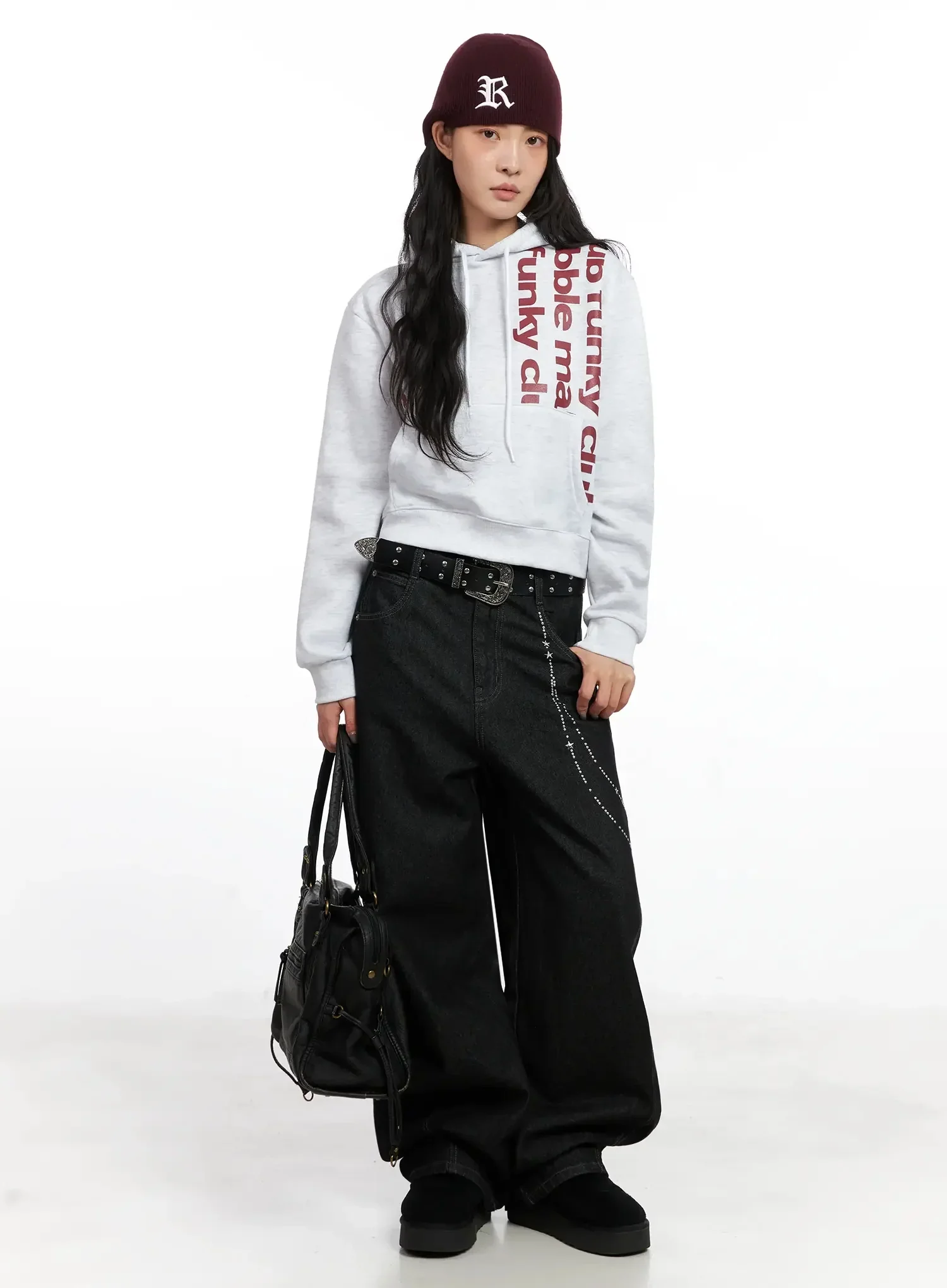 Graphic Print Fleece Cropped Hoodie IN528 - Image 3