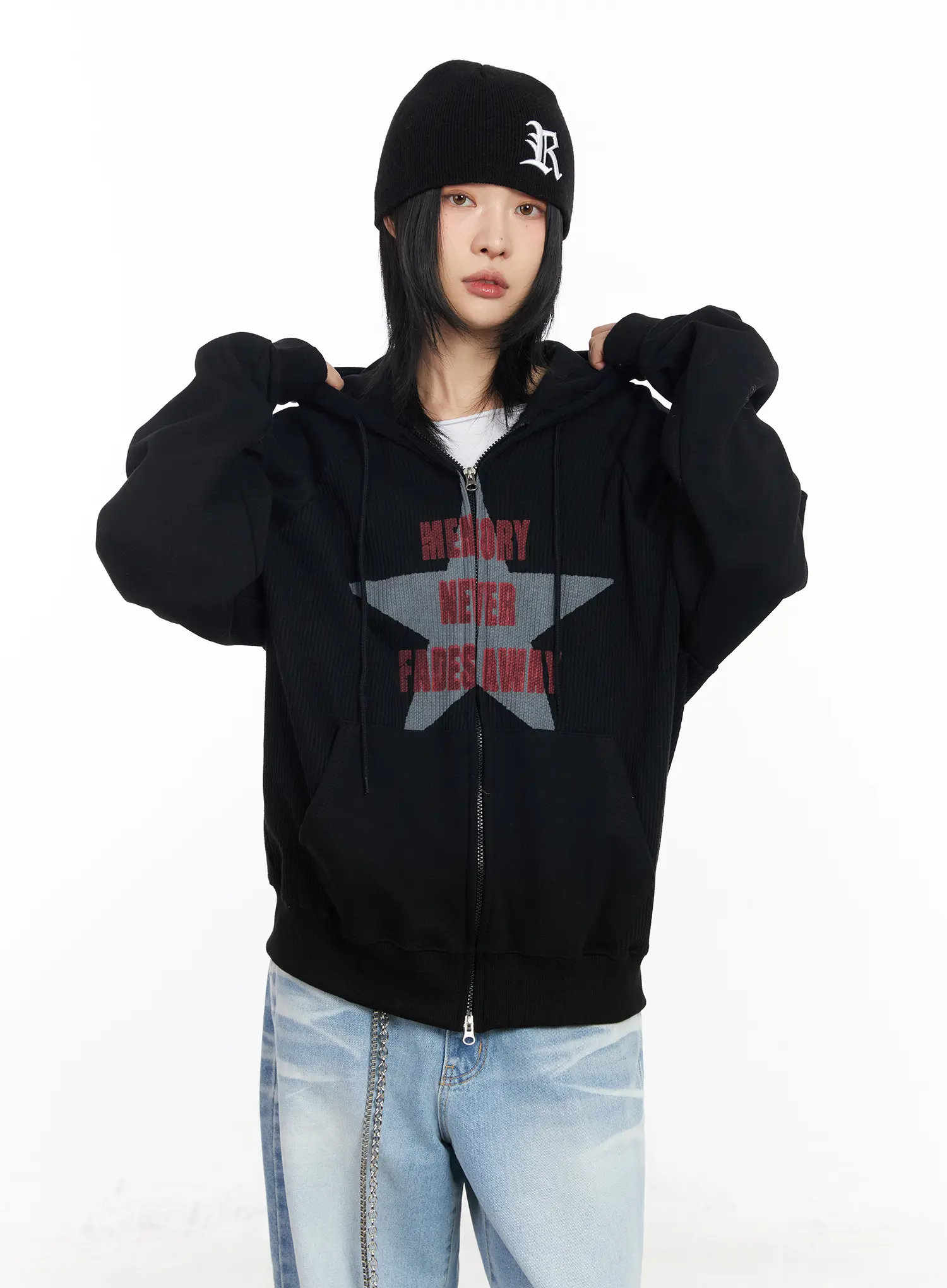 Graphic Raglan Zip-Up Hoodie CF526 - Image 2