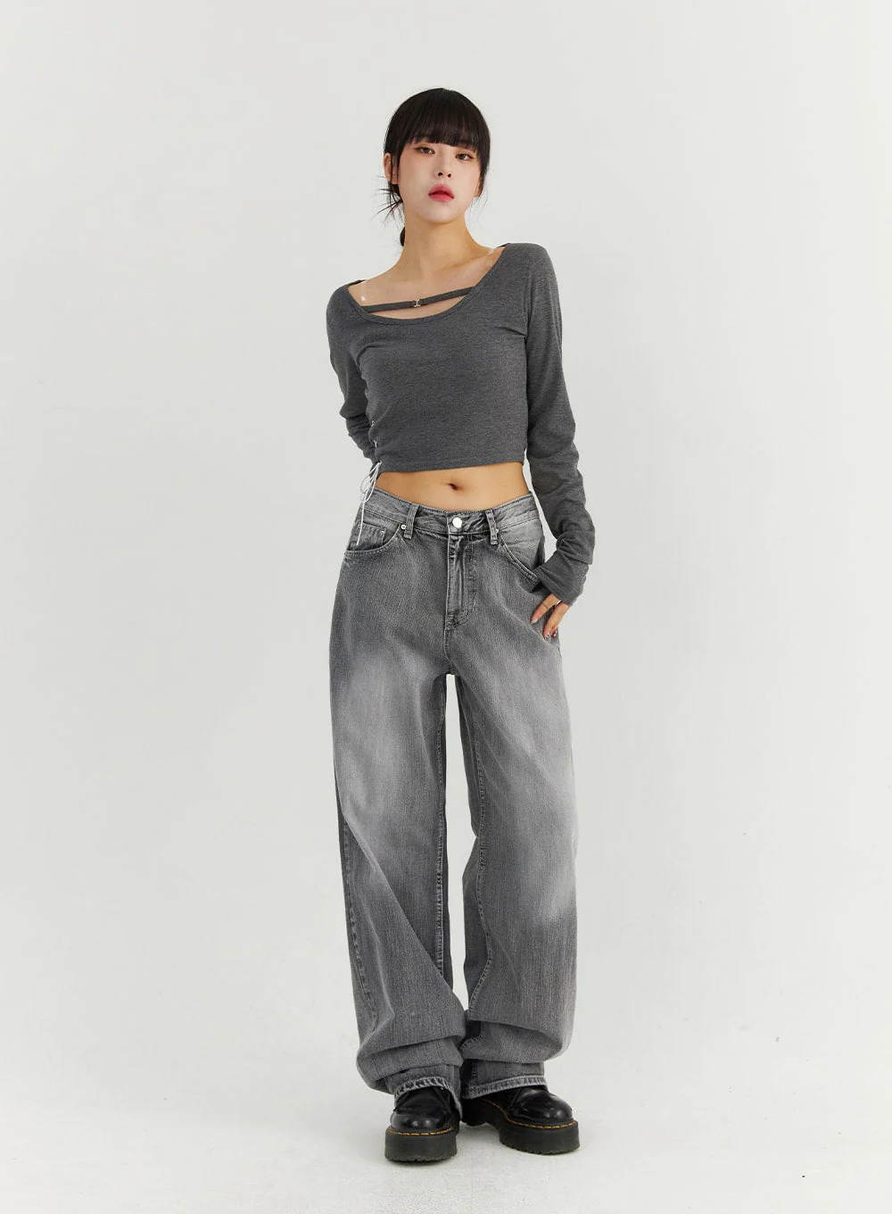 Grey Washed Wide Leg Jeans CO323 - Image 7