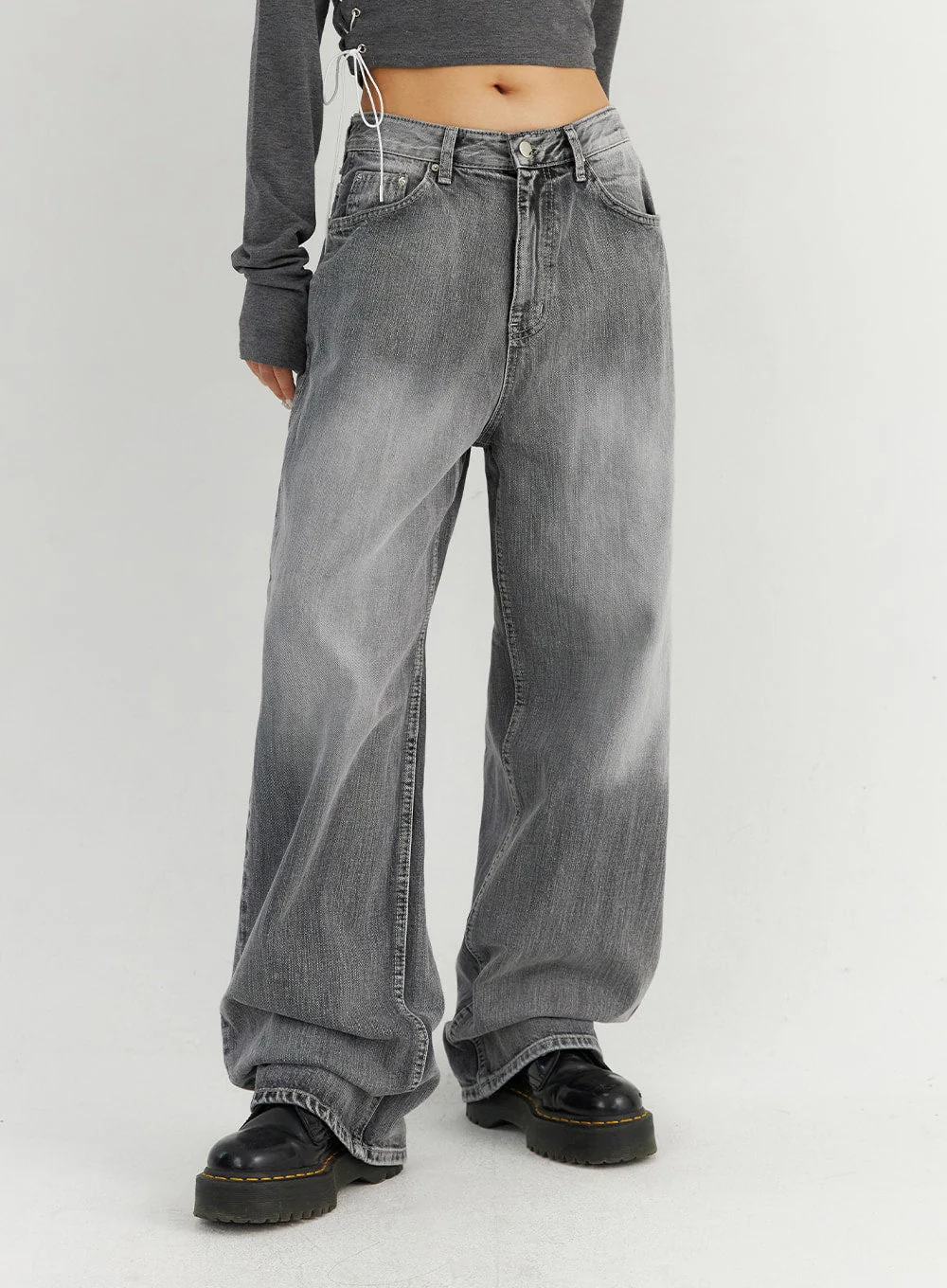 Grey Washed Wide Leg Jeans CO323 - Image 8