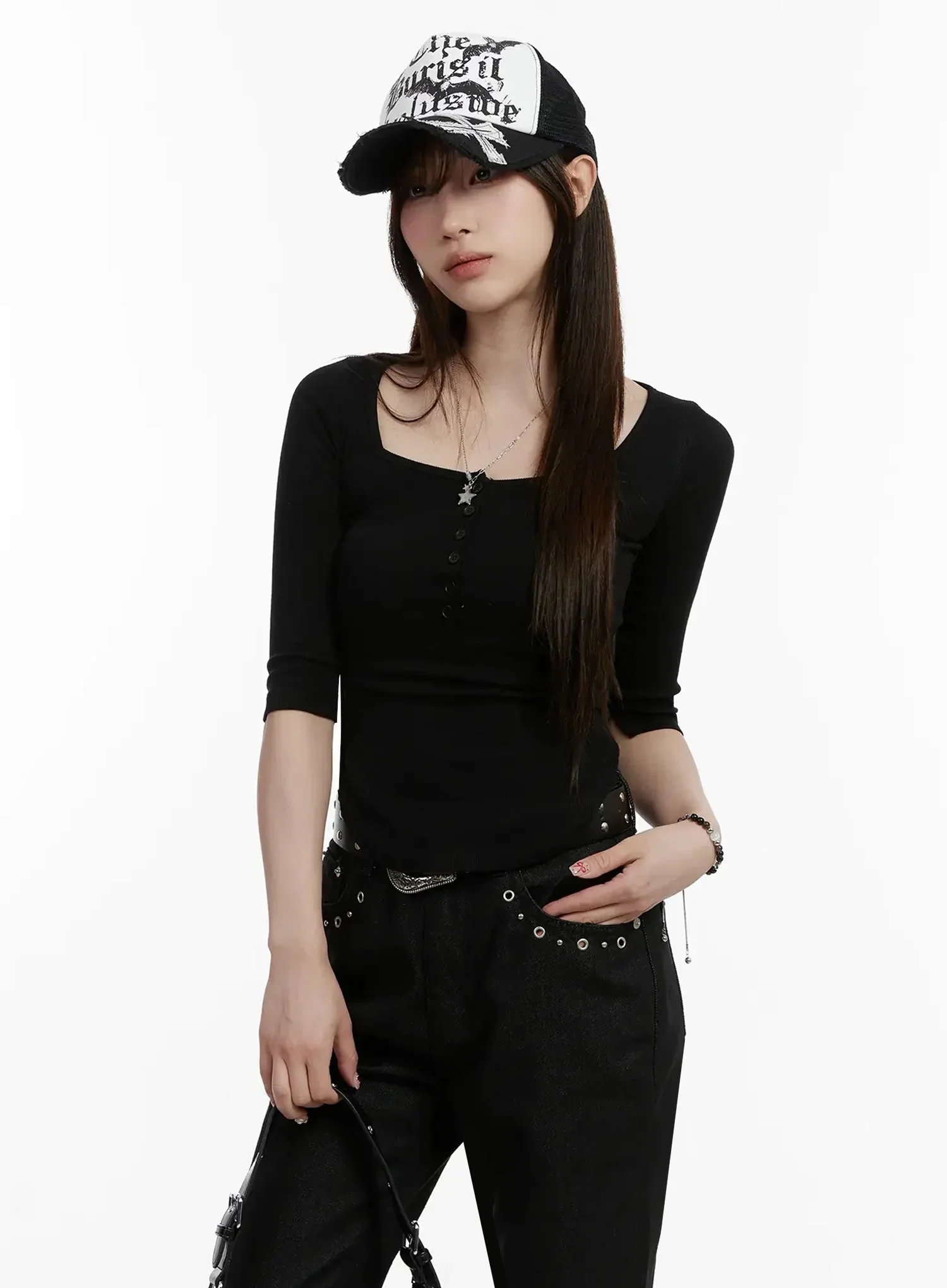Half Sleeve Square Neck Ribbed Top IJ516
