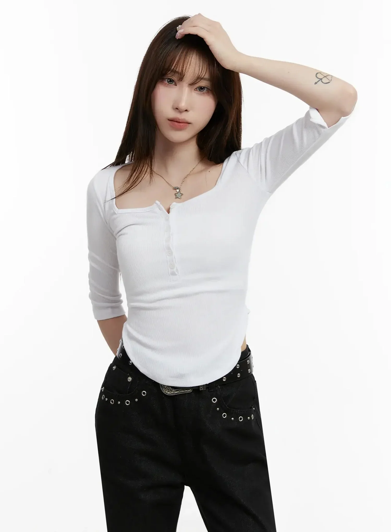 Half Sleeve Square Neck Ribbed Top IJ516 - Image 14