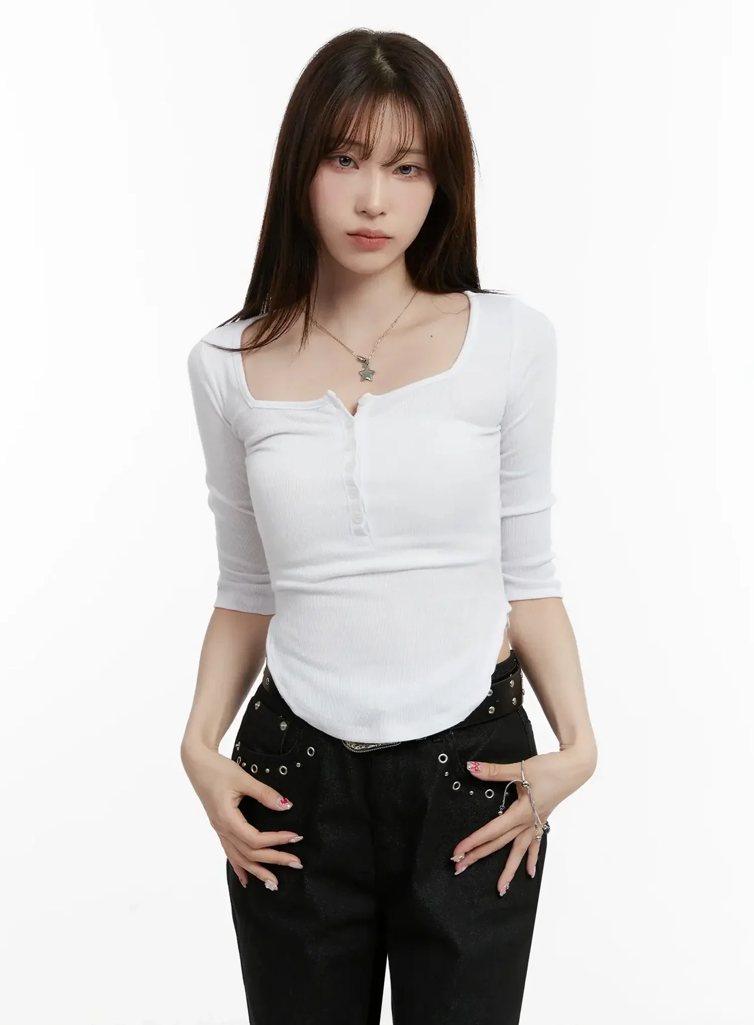 Half Sleeve Square Neck Ribbed Top IJ516 - Image 2
