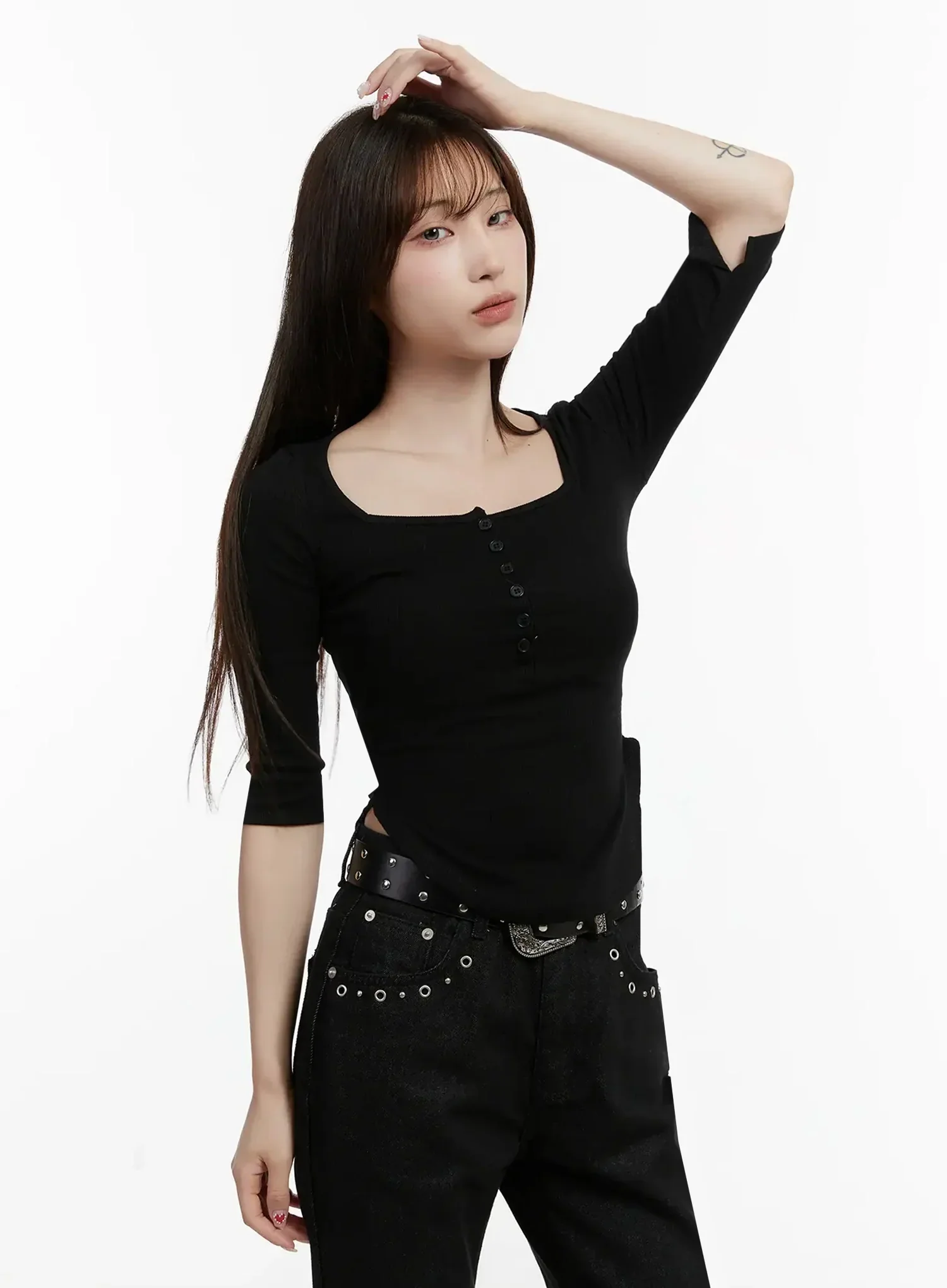 Half Sleeve Square Neck Ribbed Top IJ516 - Image 3