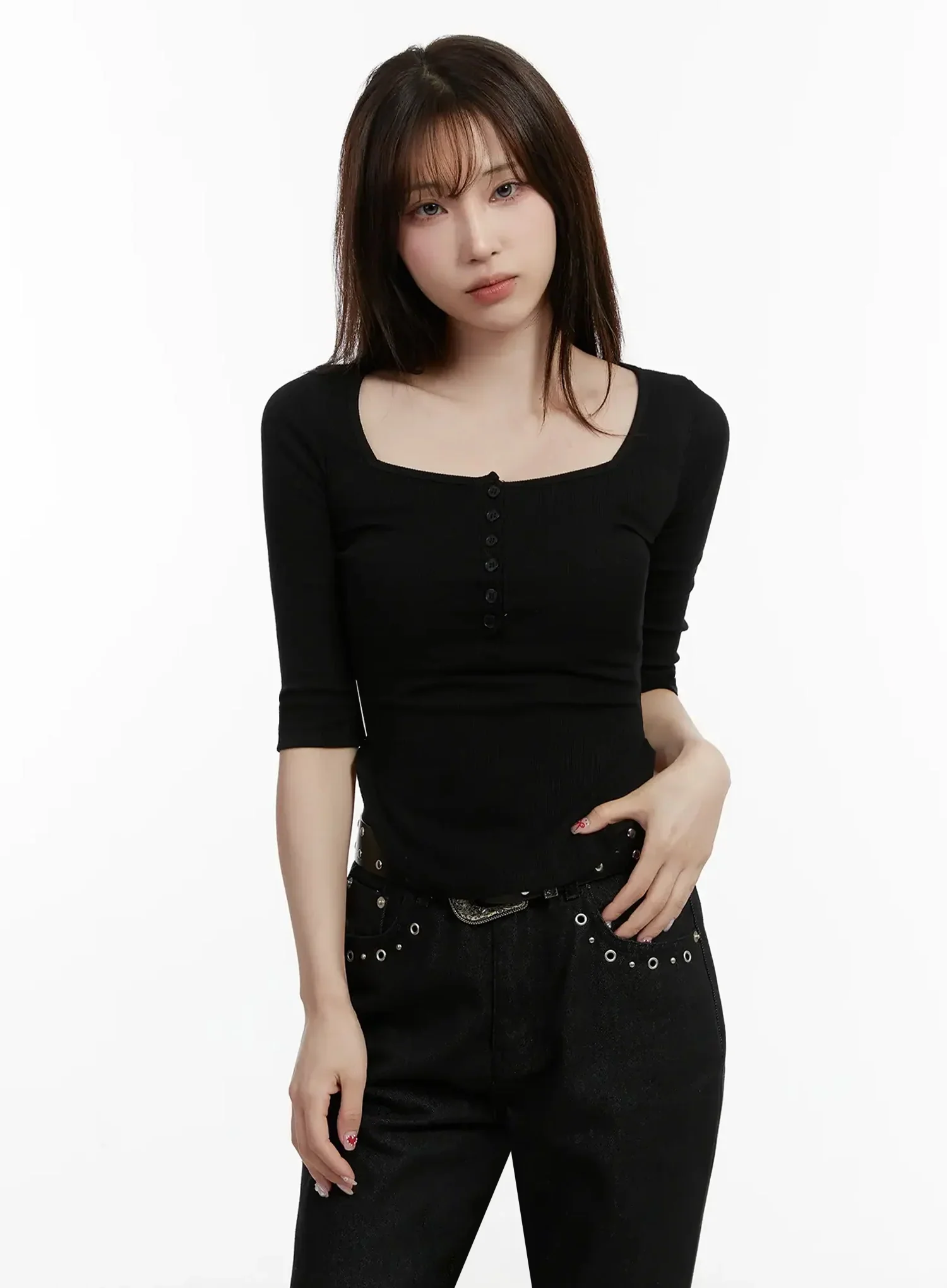 Half Sleeve Square Neck Ribbed Top IJ516 - Image 7