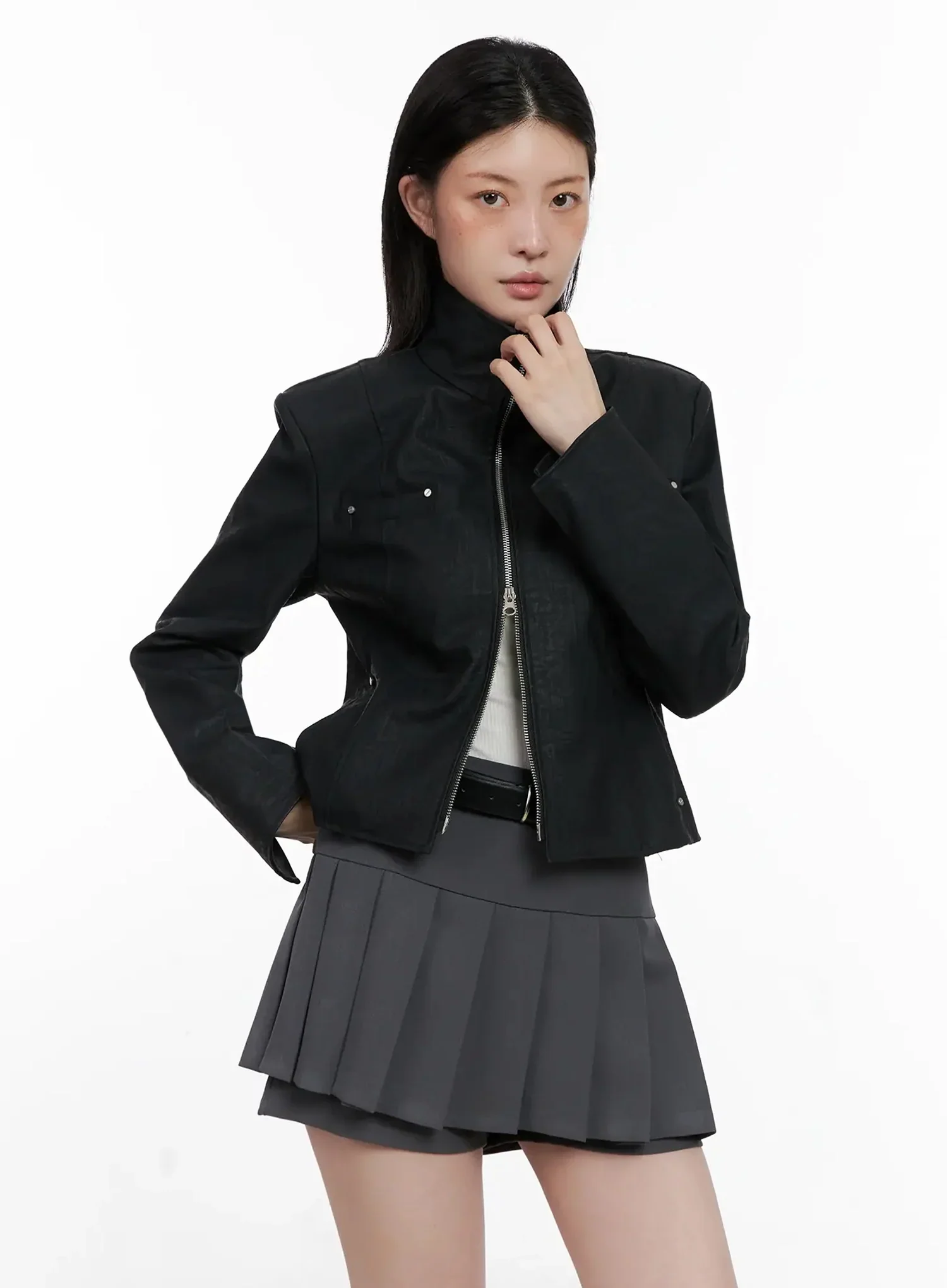 High Neck Zip Up Faux Leather Jacket IS508 - Image 5
