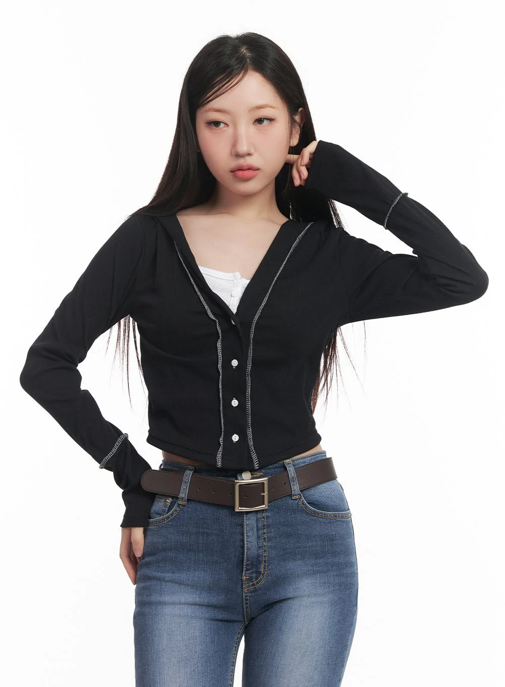 Hooded Layered Crop Cardigan CM531 - Image 11