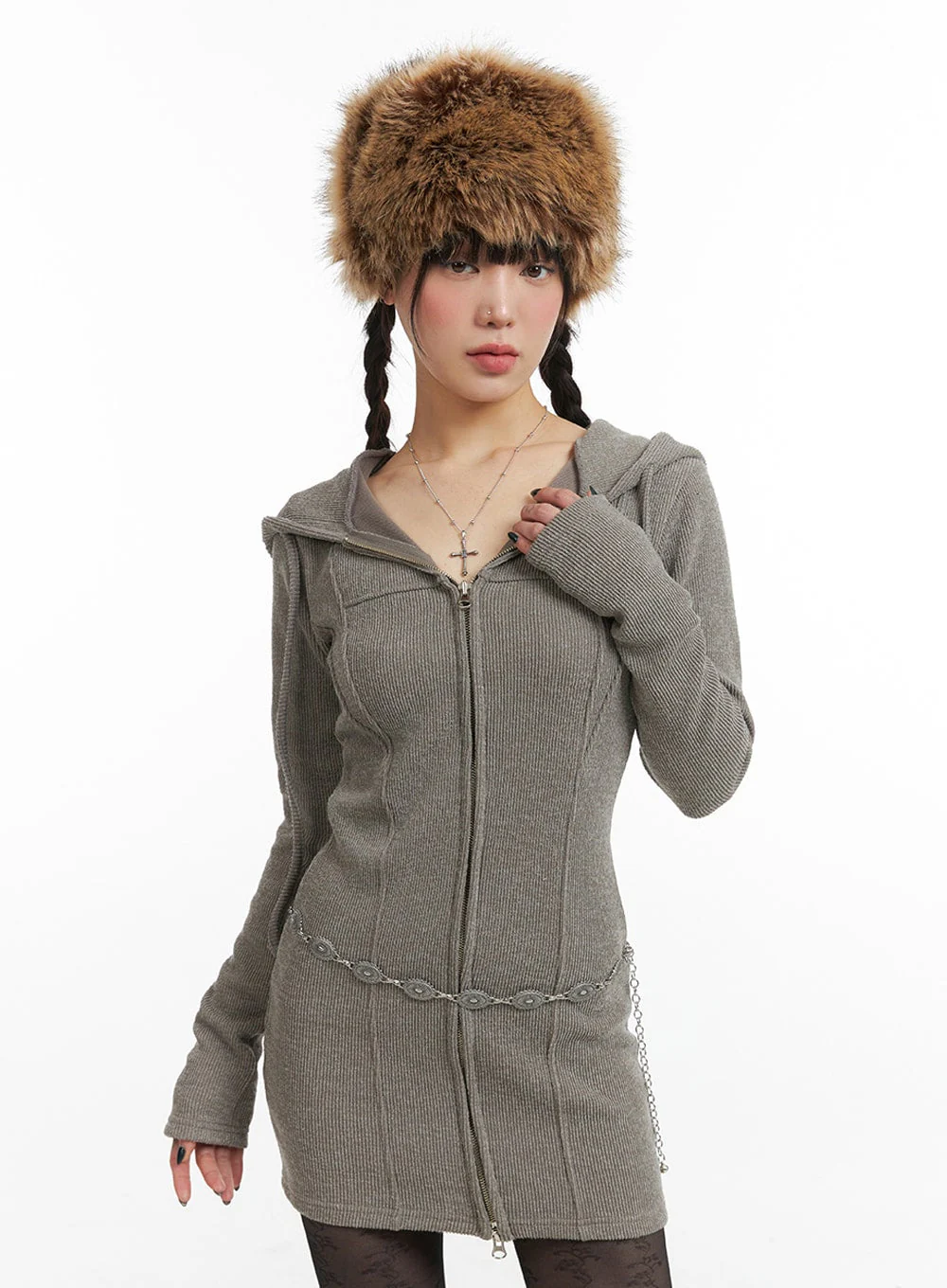 Knit Drawstring Hoodie Mini Dress IJ411 - Image 2