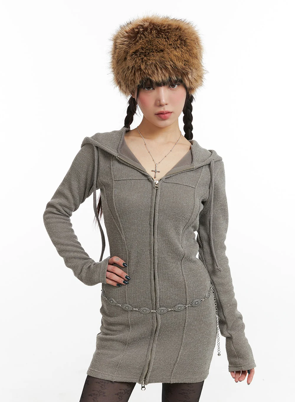Knit Drawstring Hoodie Mini Dress IJ411 - Image 5