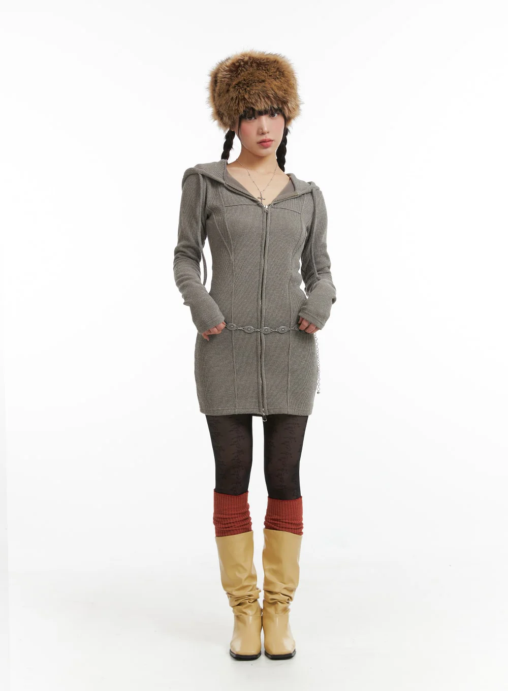 Knit Drawstring Hoodie Mini Dress IJ411 - Image 6