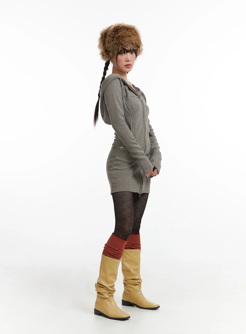 Knit Drawstring Hoodie Mini Dress IJ411 - Image 7