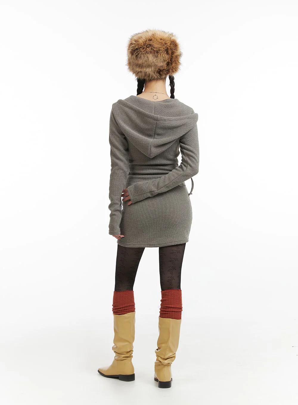Knit Drawstring Hoodie Mini Dress IJ411 - Image 8
