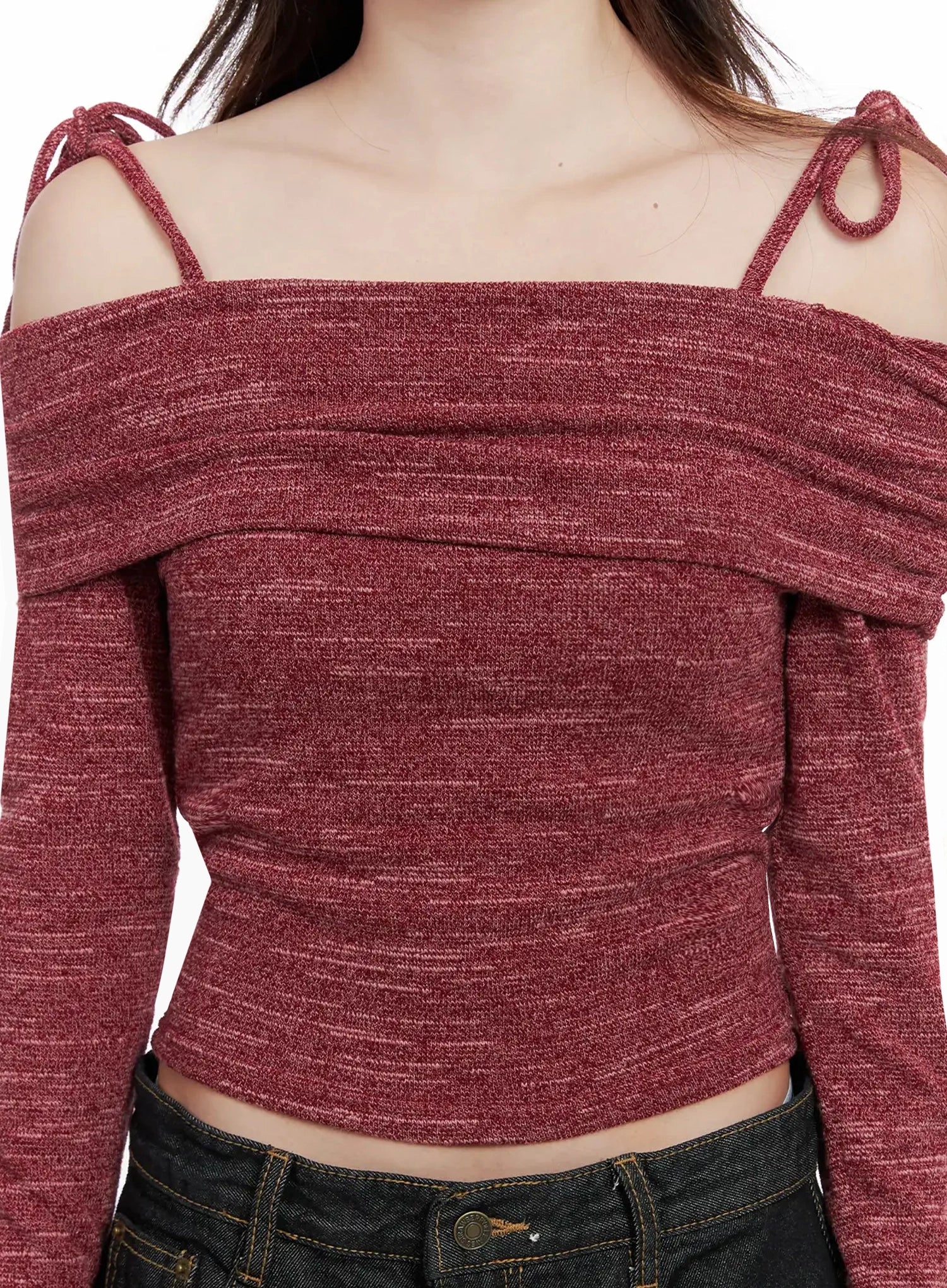 Knit Ribbon Strap Off-Shoulder Top IN514 - Image 4