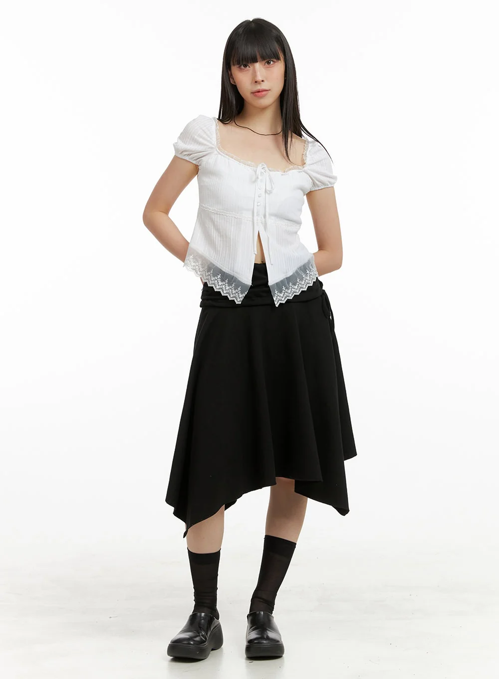 Lace Hem Cotton Ribboned Square Neck Shirt CU425 - Image 2