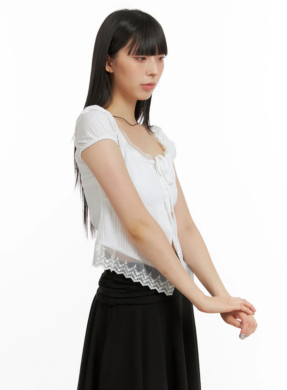 Lace Hem Cotton Ribboned Square Neck Shirt CU425 - Image 4