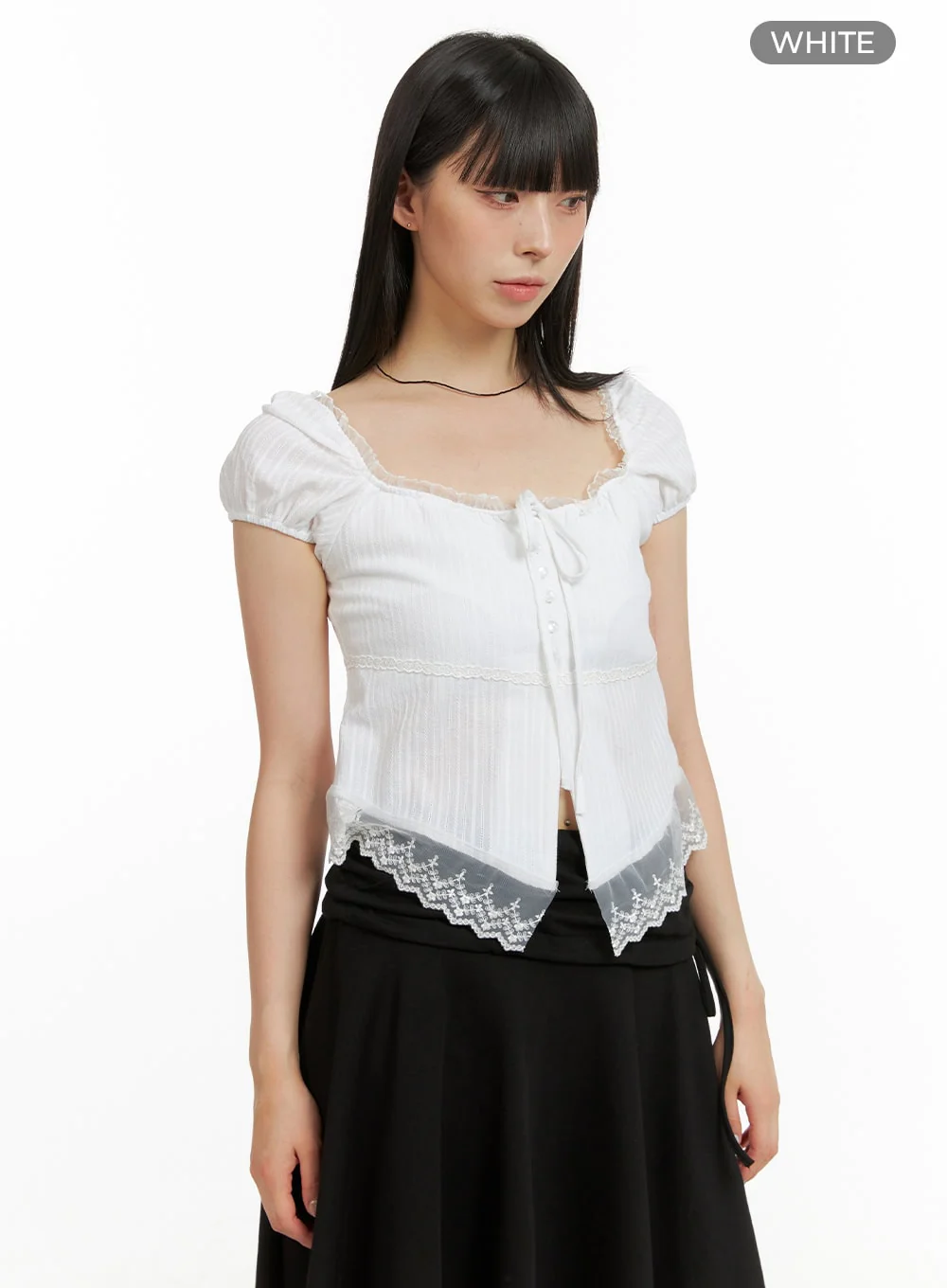 Lace Hem Cotton Ribboned Square Neck Shirt CU425 - Image 7