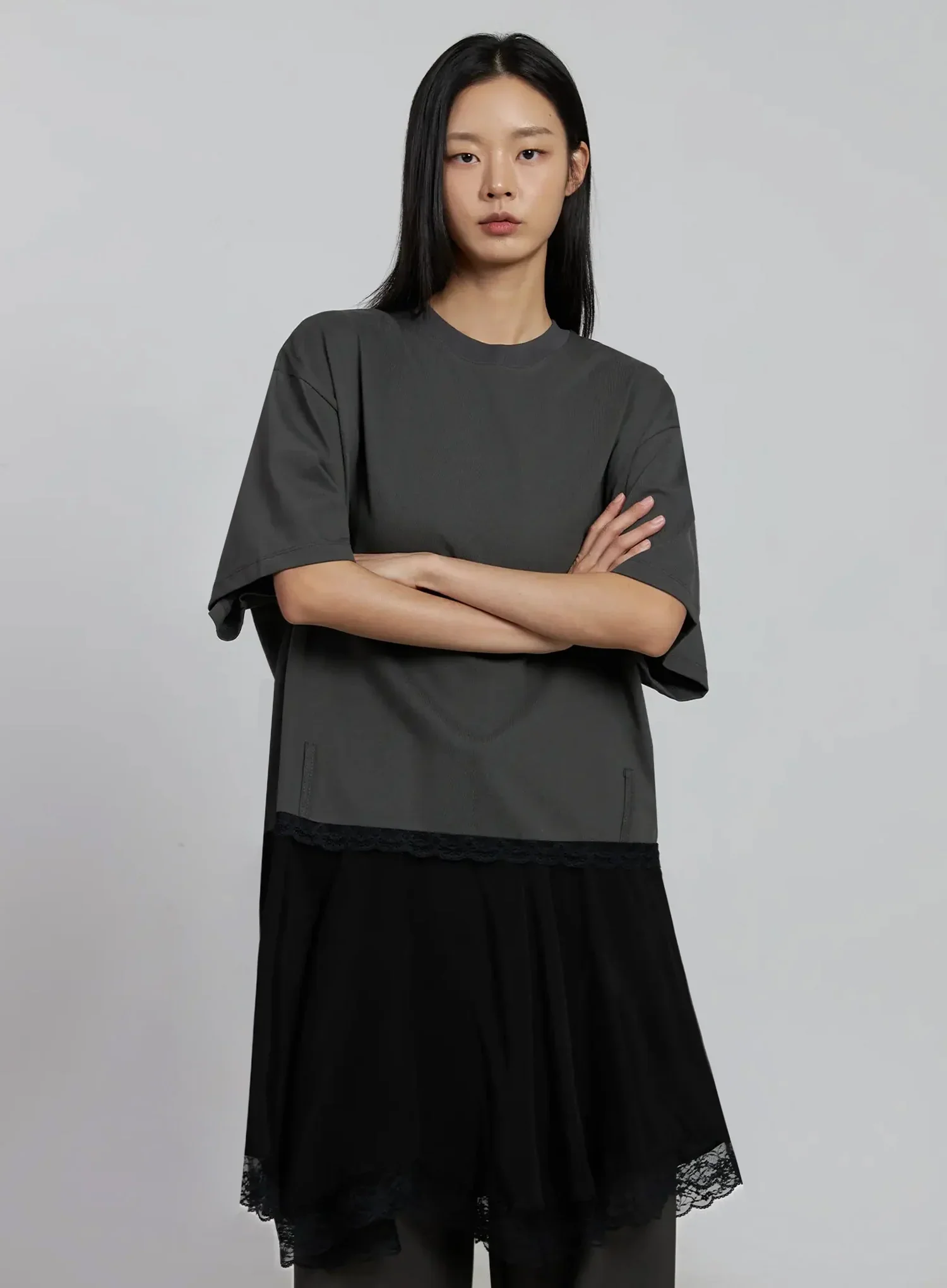 Lace Layered Oversized T-Shirt Dress IM520 - Image 4