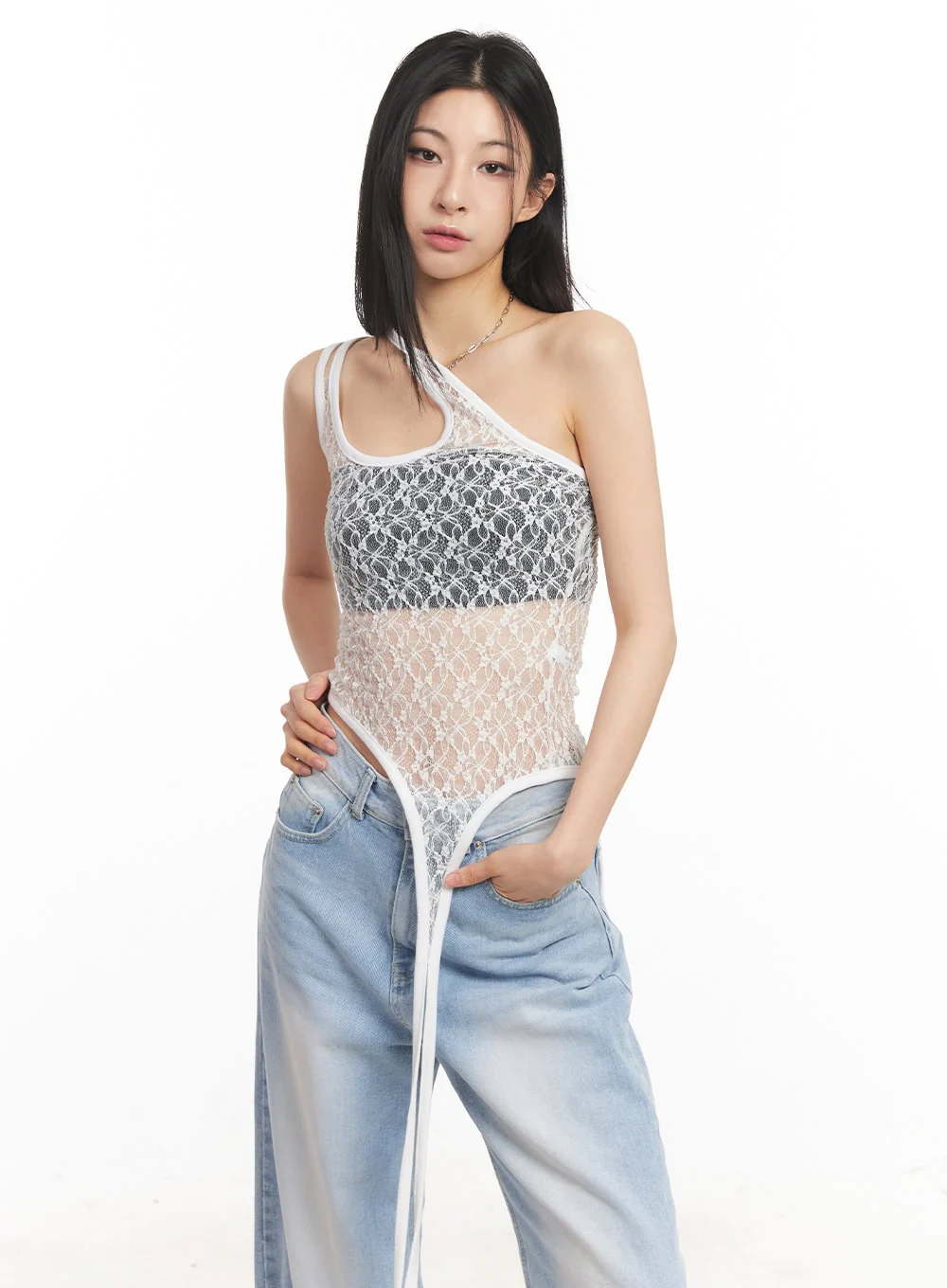 Lace Mesh Asymmetric Tank Top CA516 - Image 5