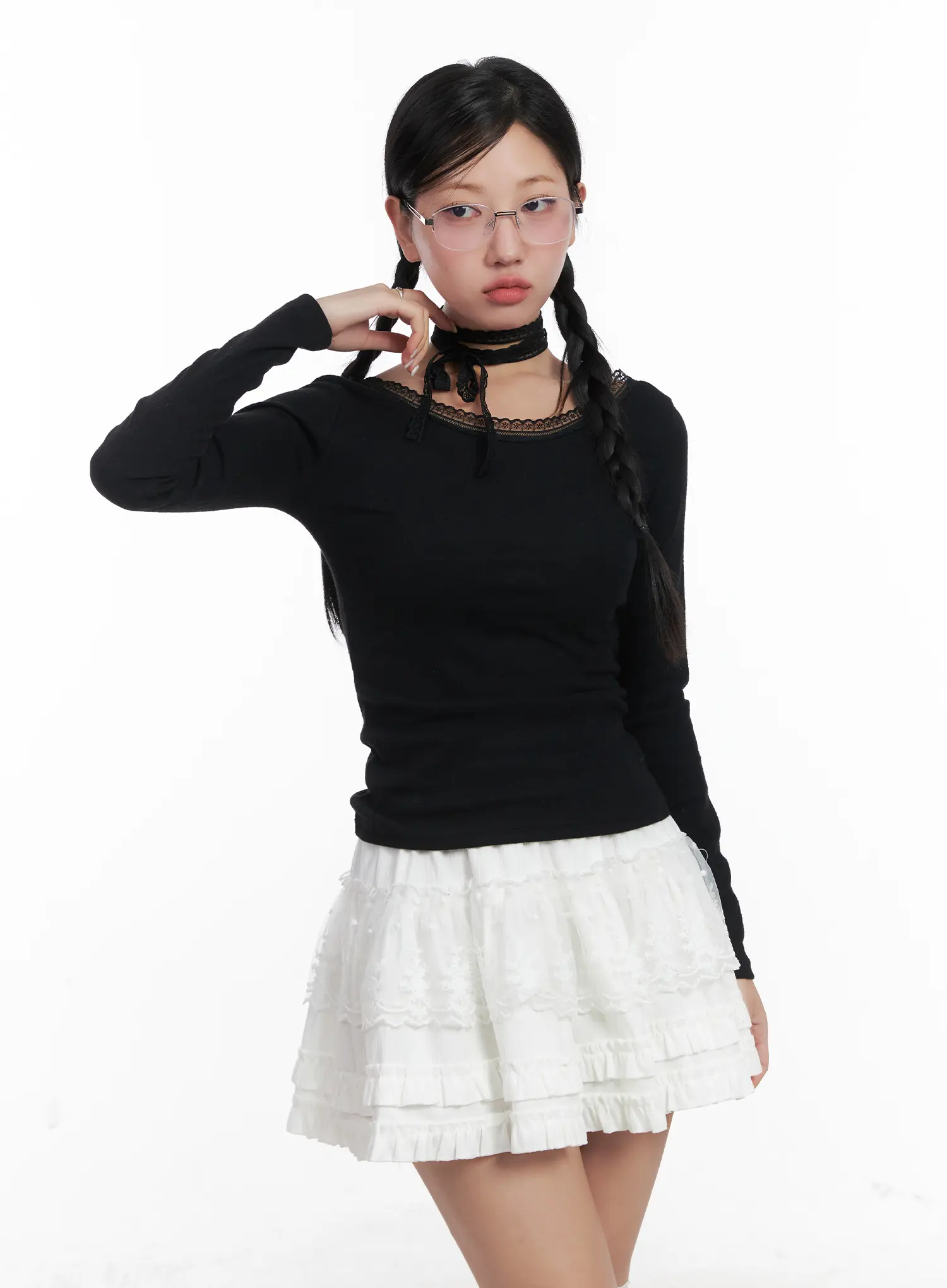 Lace Trim Long Sleeve Top & Scarf Set CN528 - Image 9