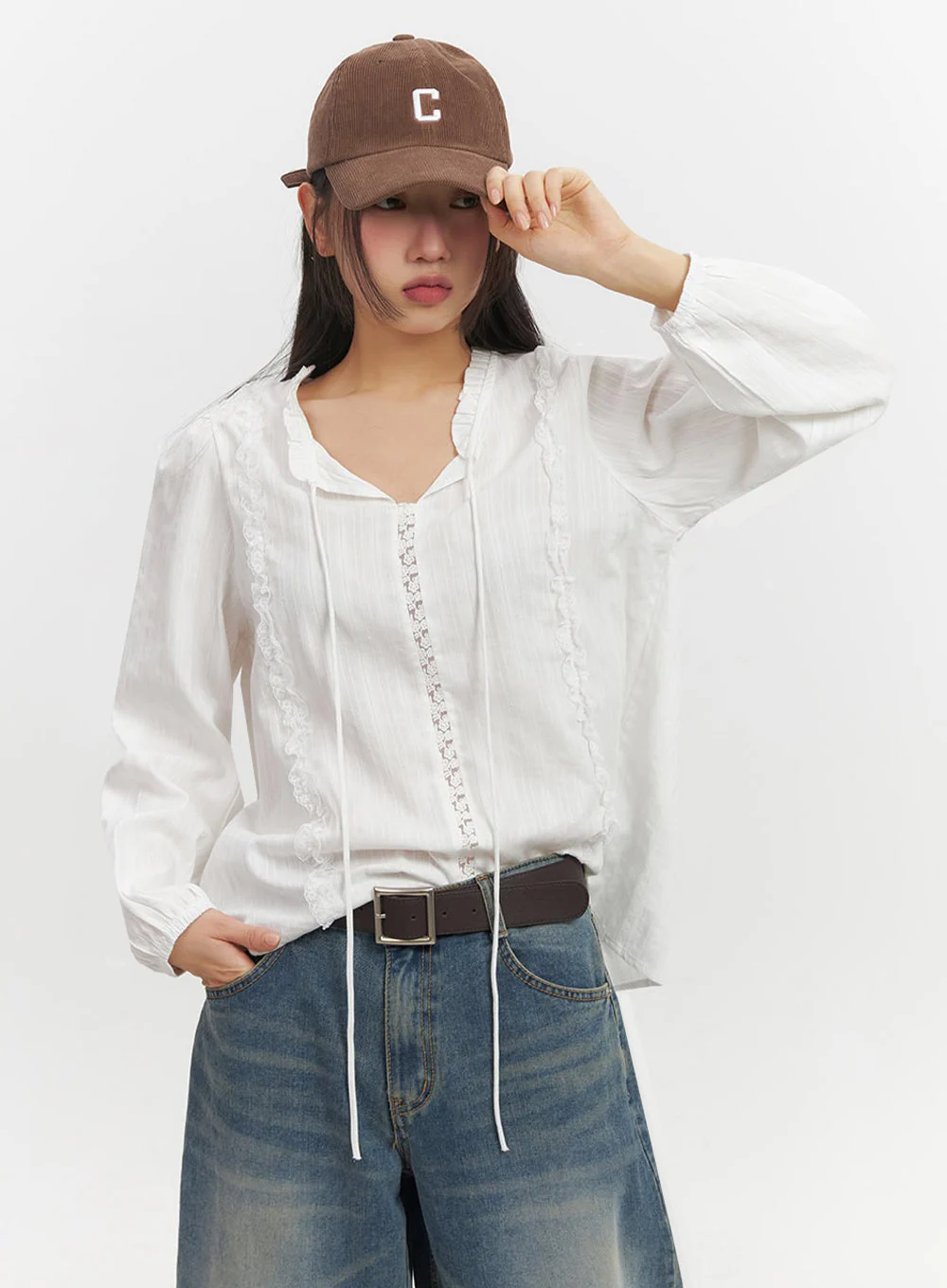 Lace-Trim Loose-Fit Blouse IF511 - Image 2