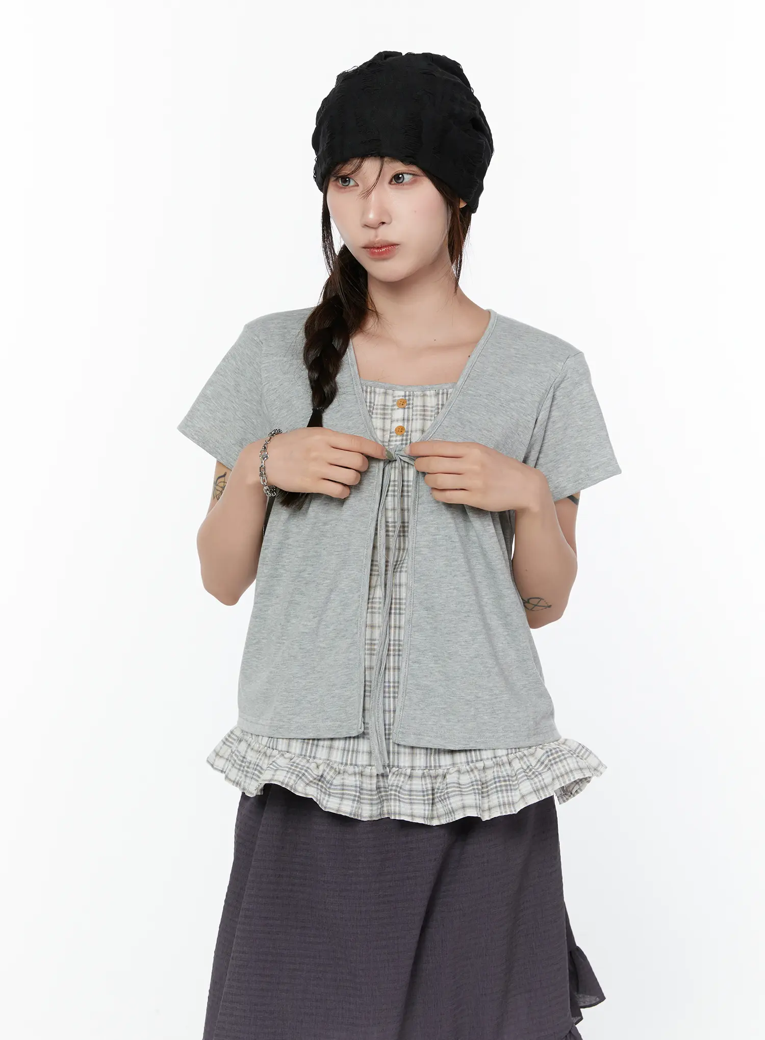 Layered Check Frill Sleeve Top CY515 - Image 2