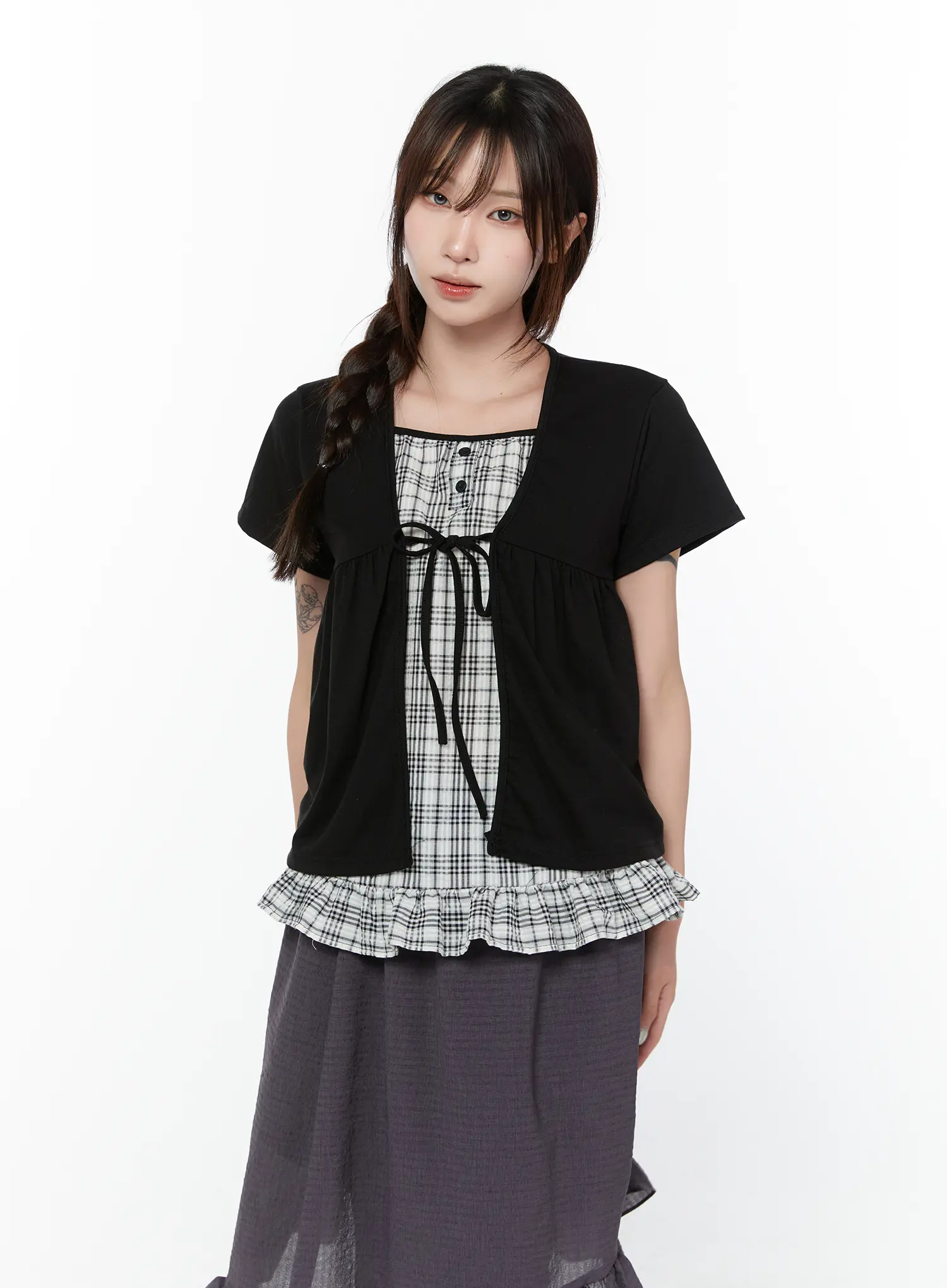 Layered Check Frill Sleeve Top CY515 - Image 5