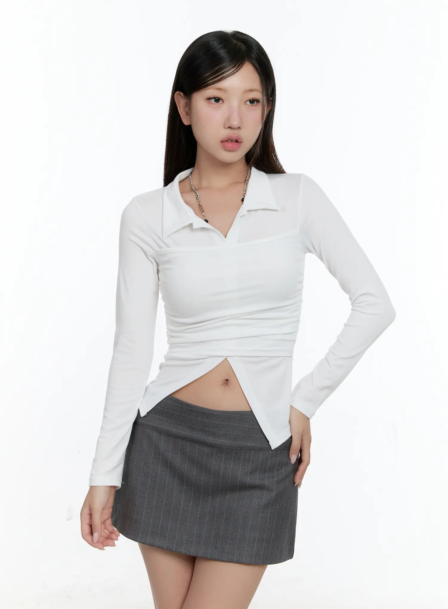 Layered Collar Shirred Long Sleeve Top CS518 - Image 11