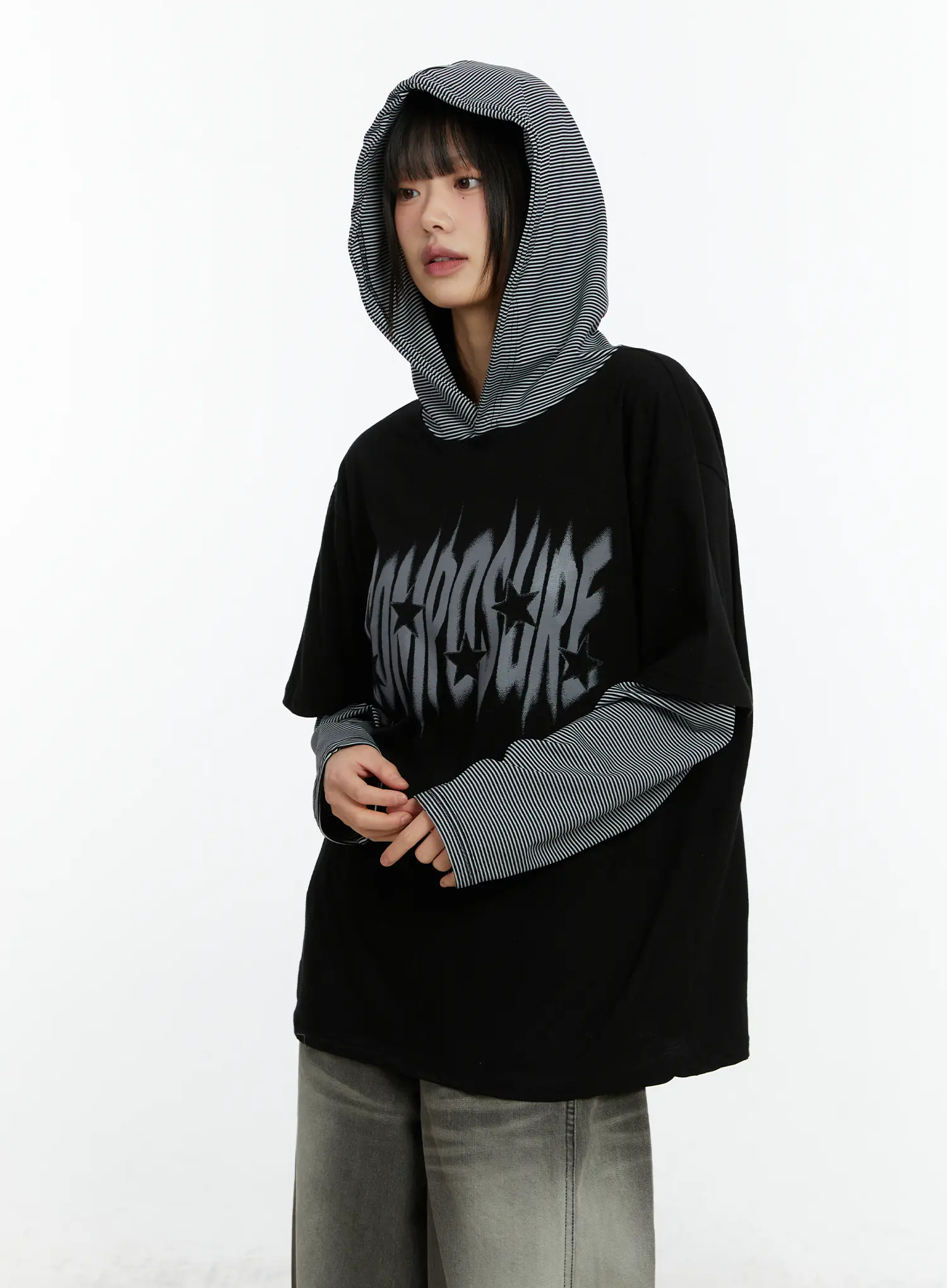 Layered Hooded Graphic Long Sleeve Top CF509 - Image 2
