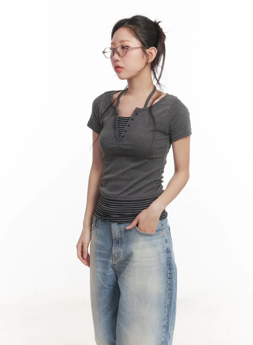 Layered Stripe Halter-Neck Buttoned Crop Top CA530 - Image 8