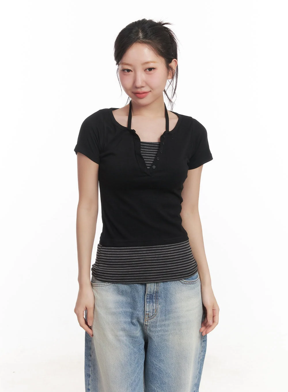 Layered Stripe Halter-Neck Buttoned Crop Top CA530 - Image 9
