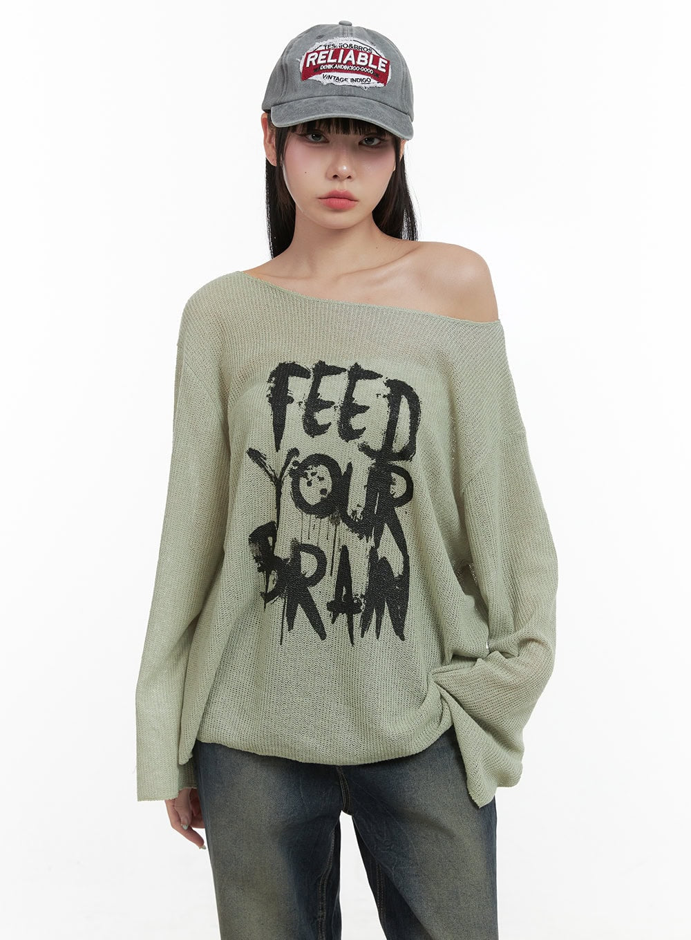 Lettered Boat Neck Off-Shoulder Knit OS410 - Image 2