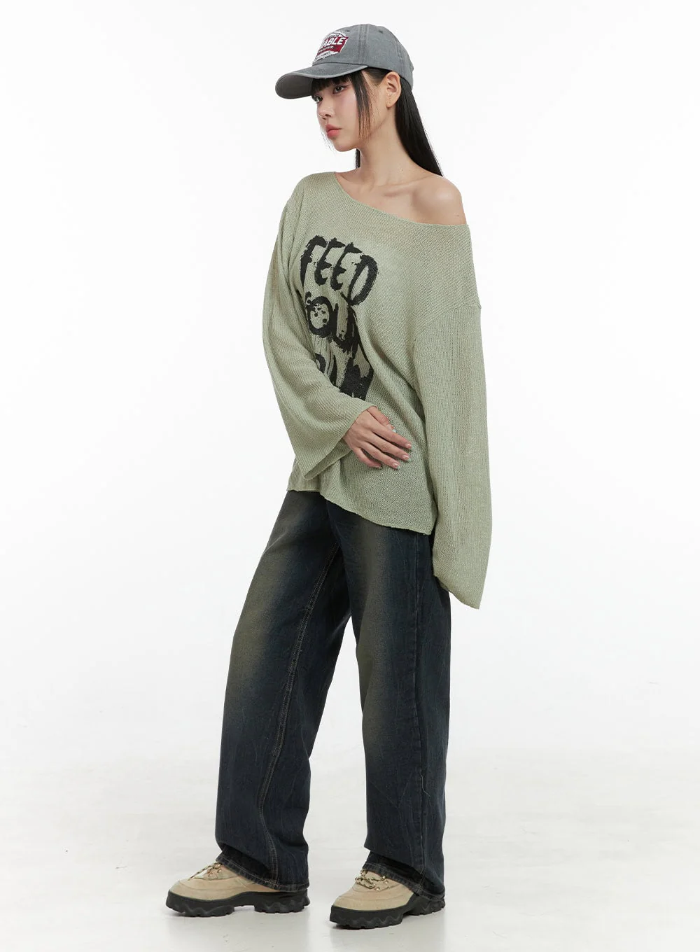 Lettered Boat Neck Off-Shoulder Knit OS410 - Image 4