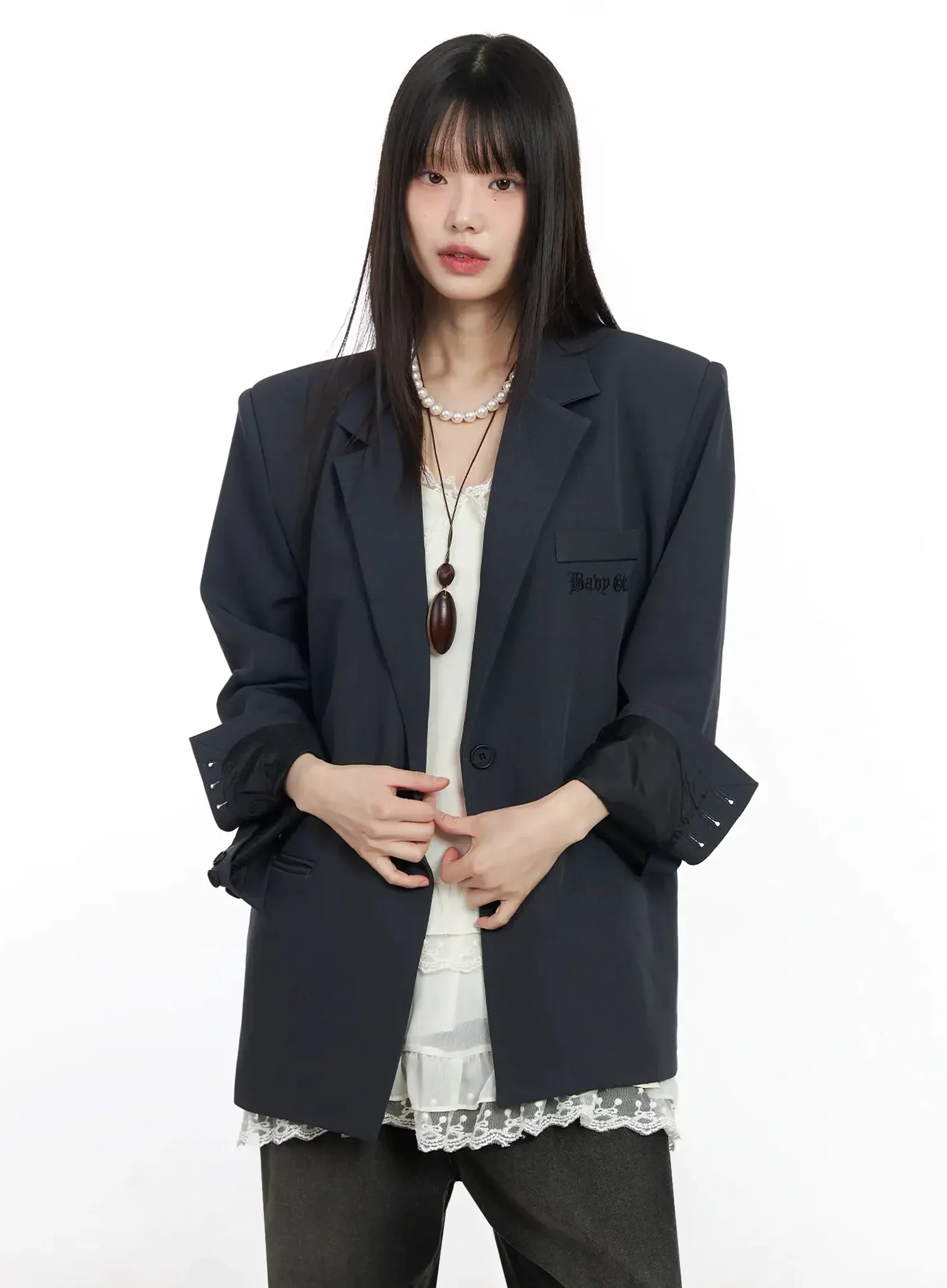 Lettering Embroidered Oversized Blazer IM530 - Image 17