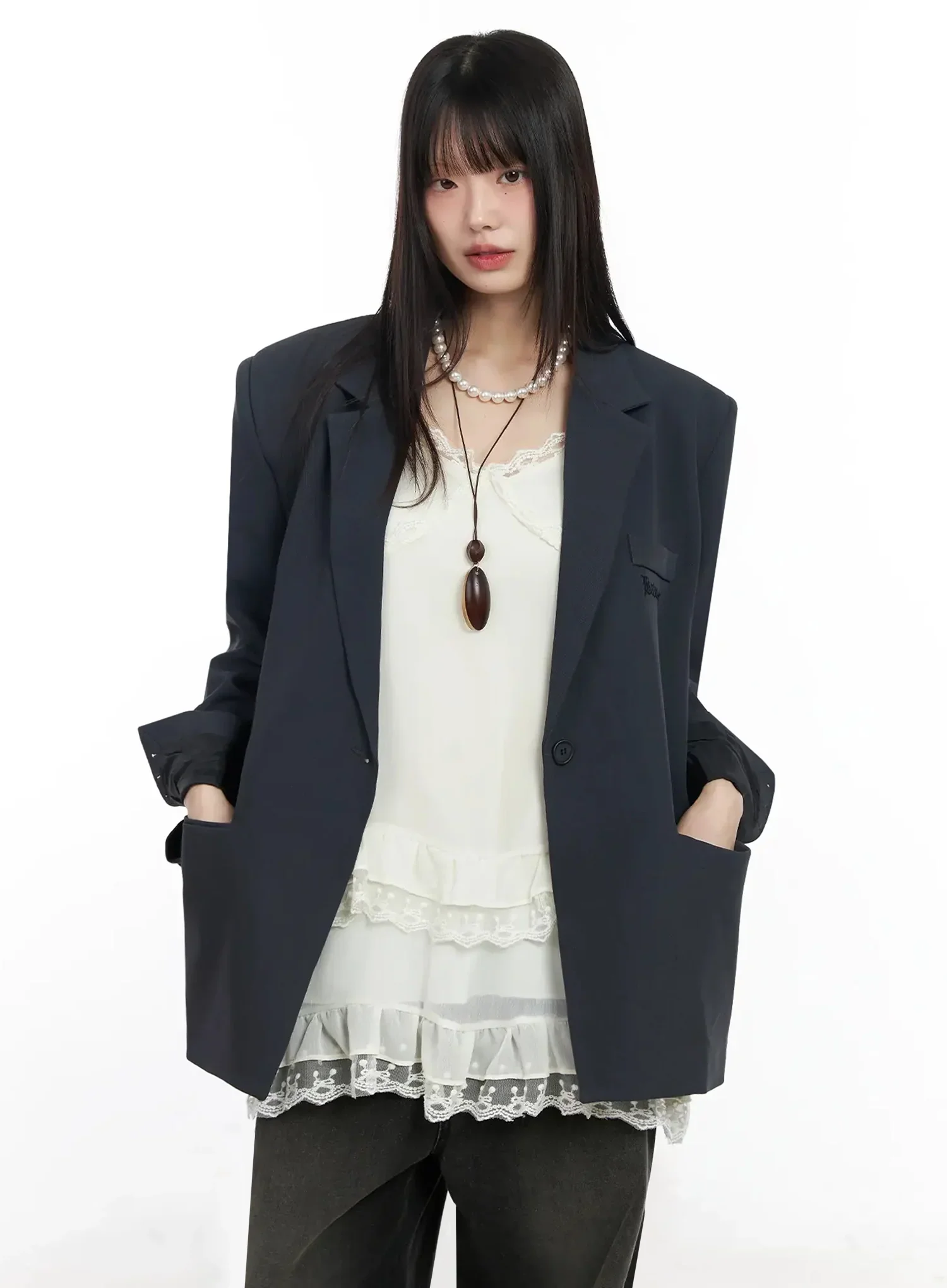 Lettering Embroidered Oversized Blazer IM530 - Image 2