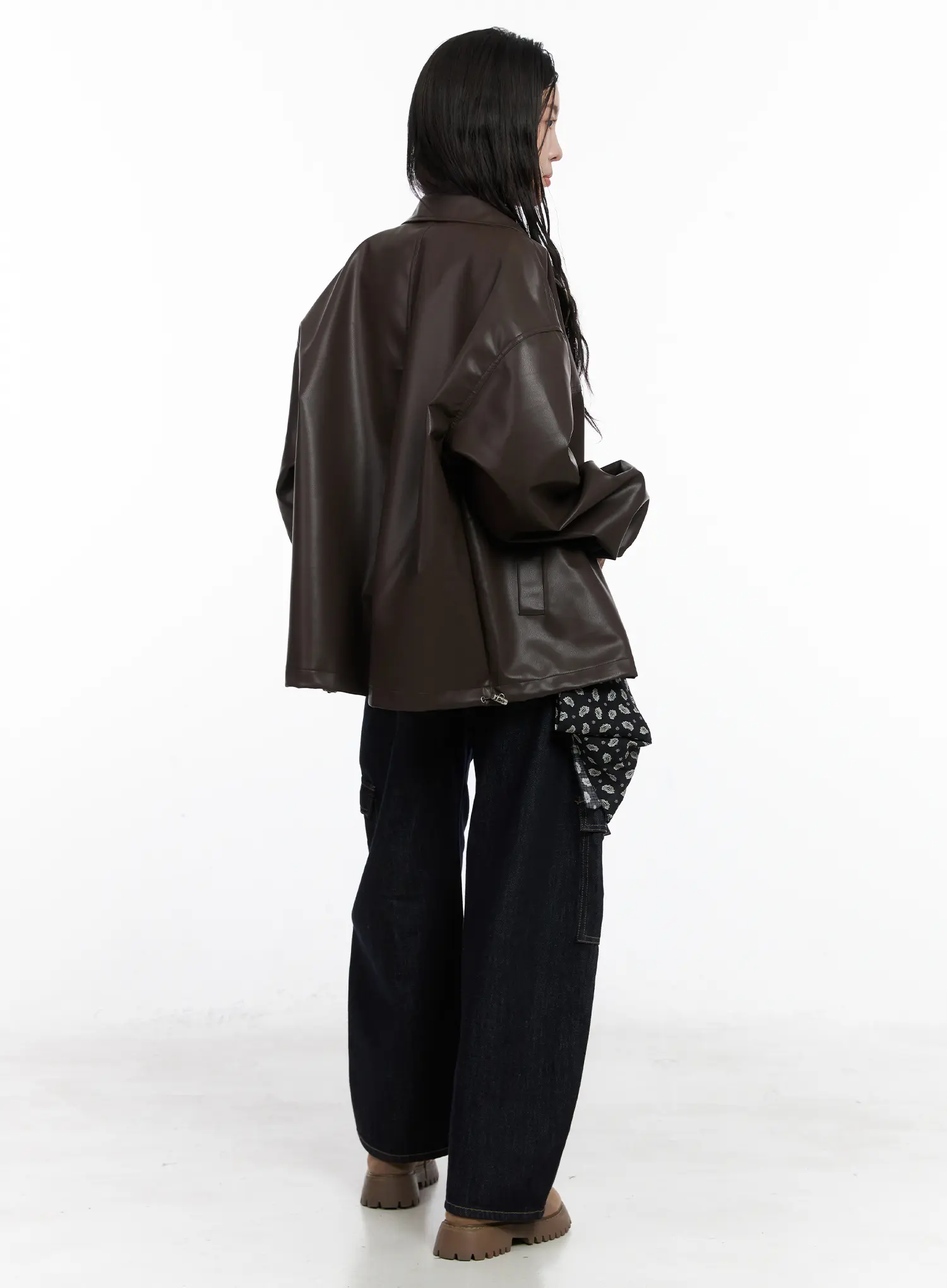 Loose Fit Balloon Faux Leather Jacket CN512 - Image 4