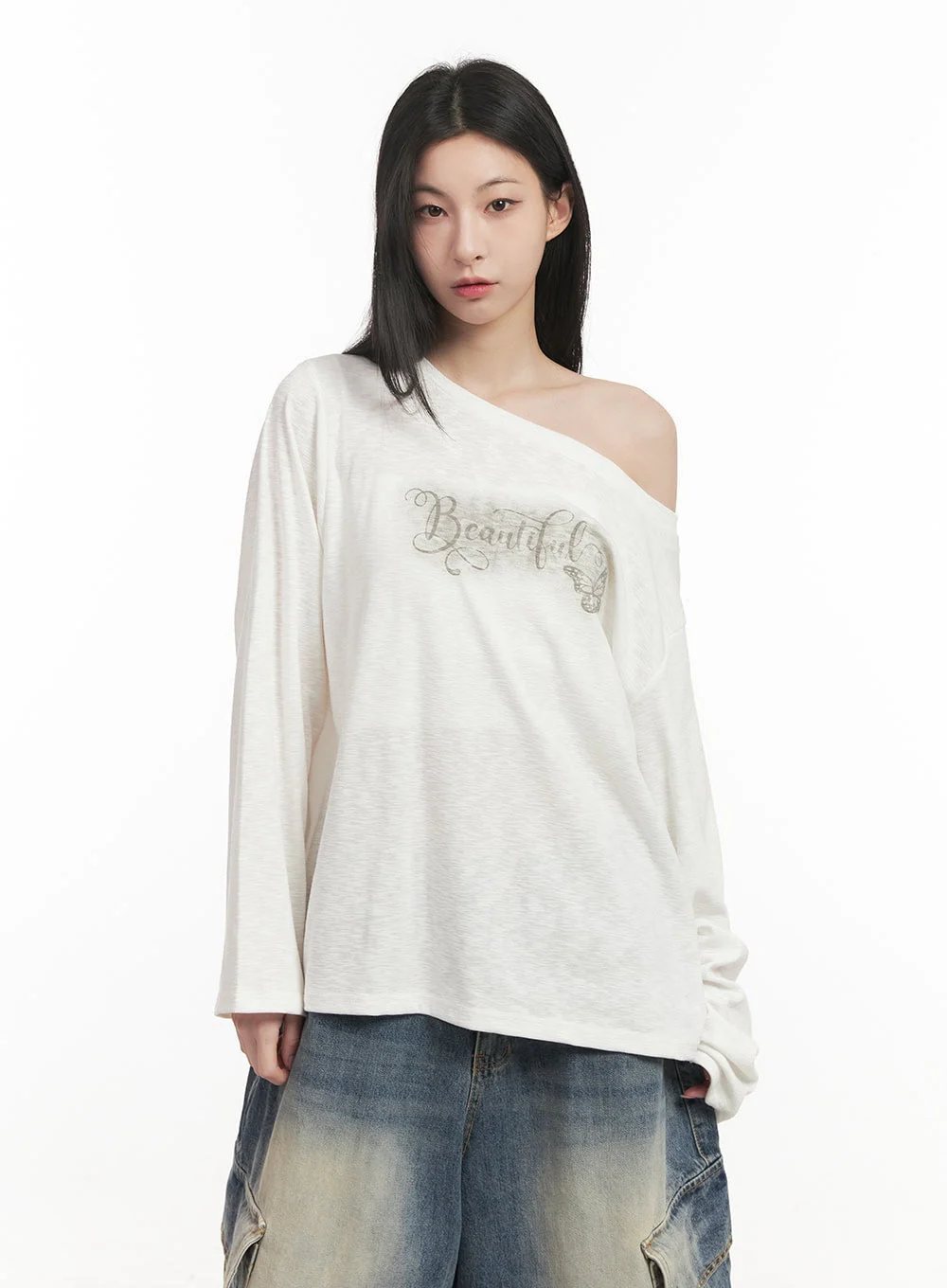 Loose-Fit Graphic One-Shoulder Top CF514 - Image 8