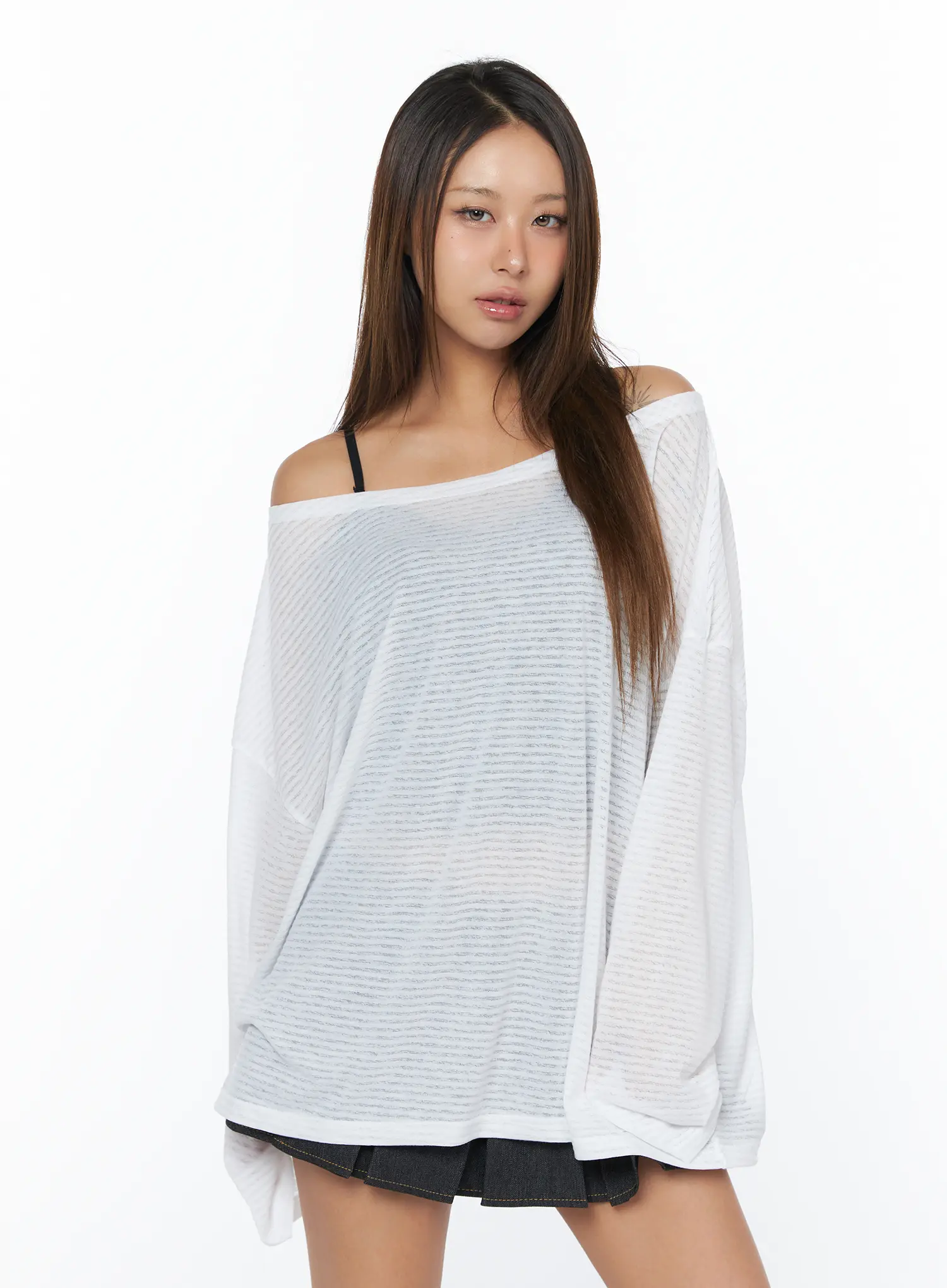Loose Fit Striped Off-Shoulder Long Sleeve Tee CA517 - Image 11