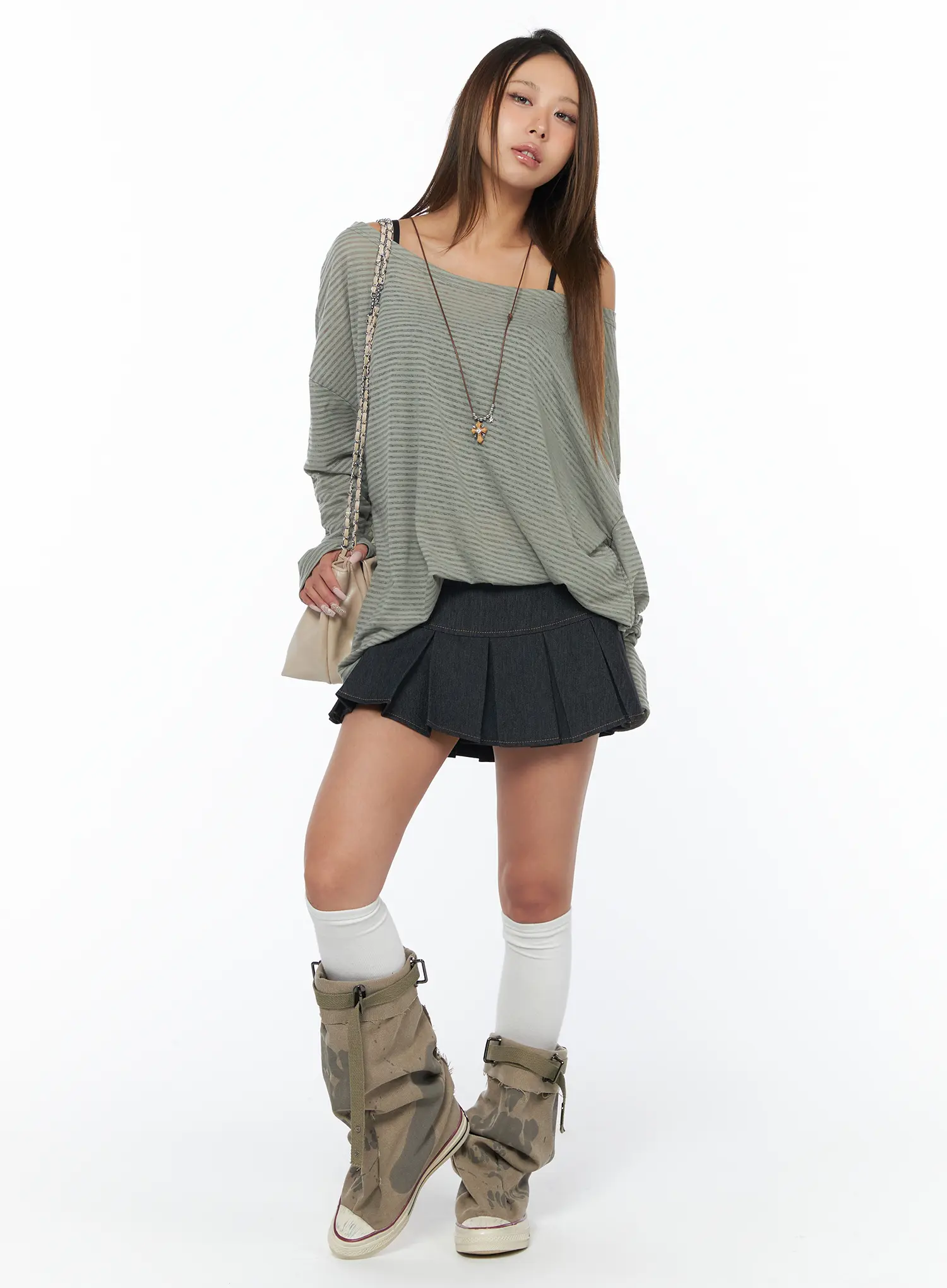 Loose Fit Striped Off-Shoulder Long Sleeve Tee CA517 - Image 7