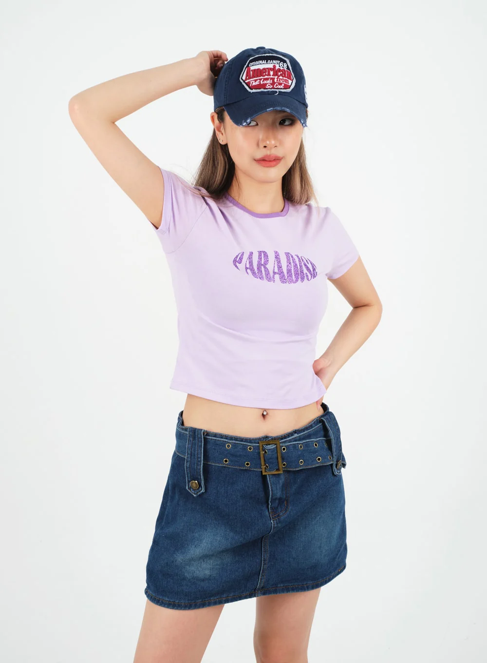 Low-Rise Bleached Denim Skorts and Belt Set CM02 - Image 11