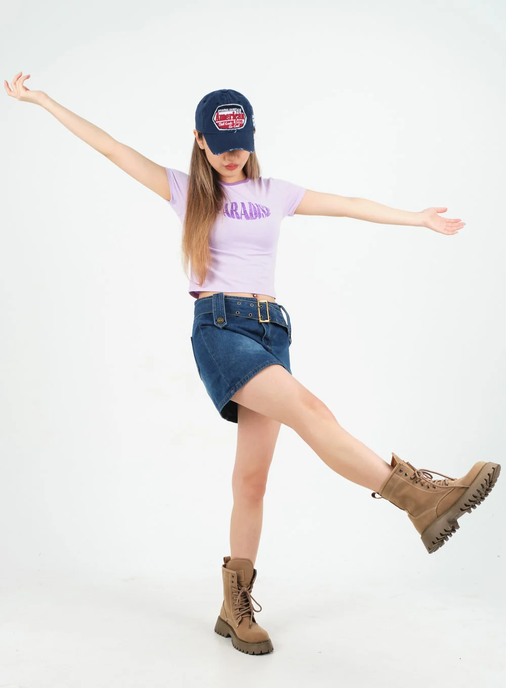 Low-Rise Bleached Denim Skorts and Belt Set CM02 - Image 3