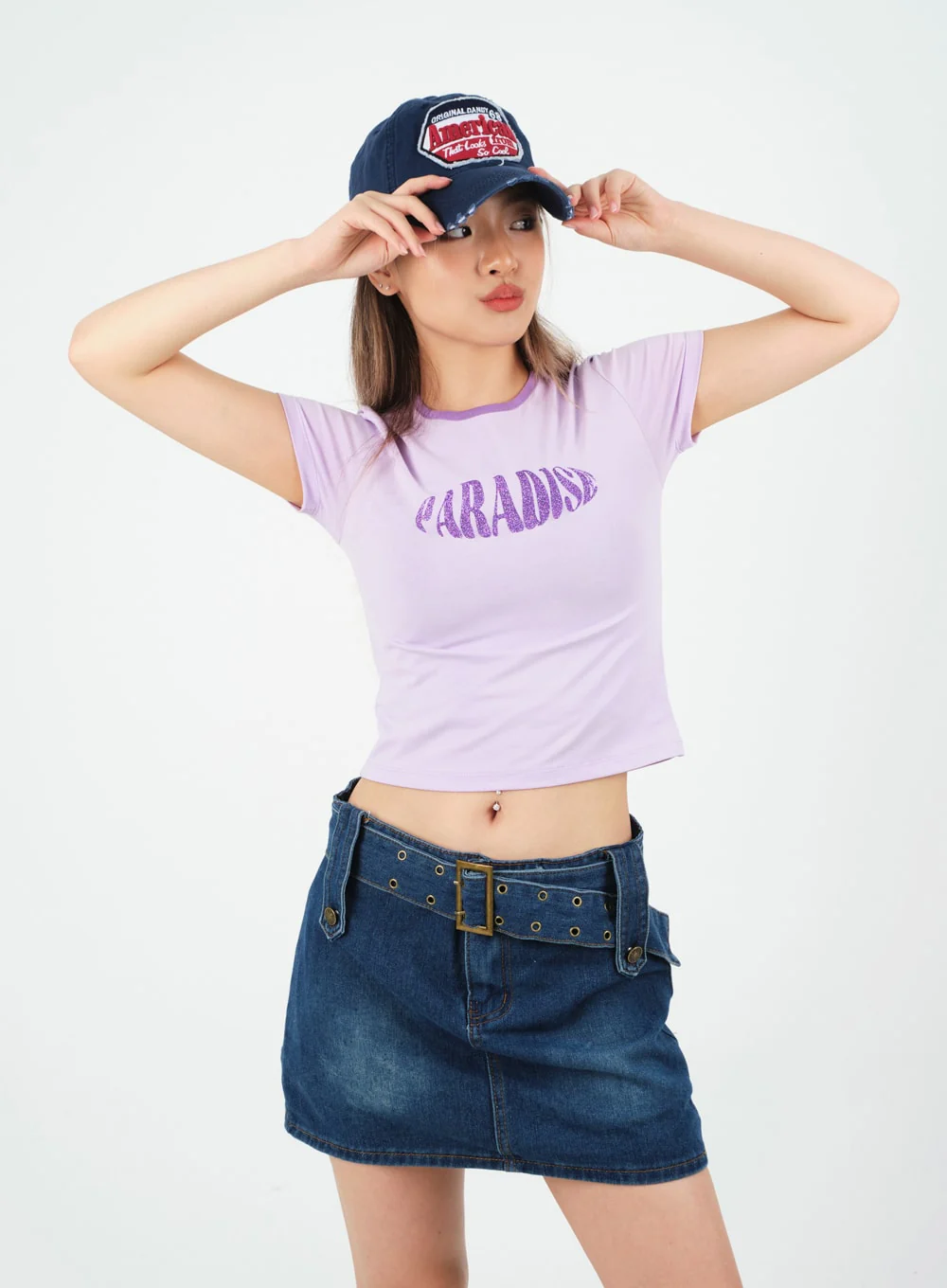 Low-Rise Bleached Denim Skorts and Belt Set CM02 - Image 5