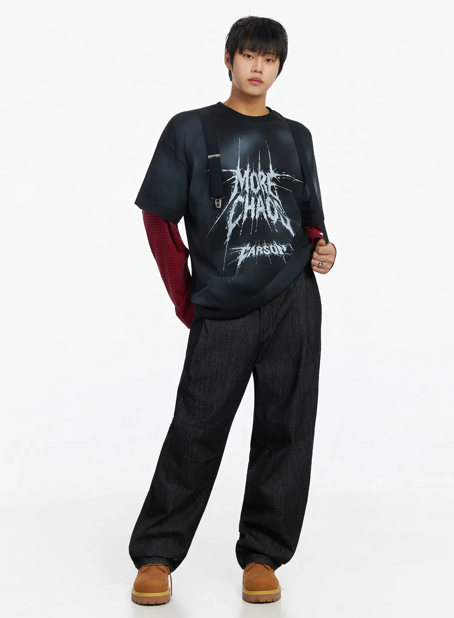 Men's Black Vintage Graphic Layered Long Sleeve Tee IJ527