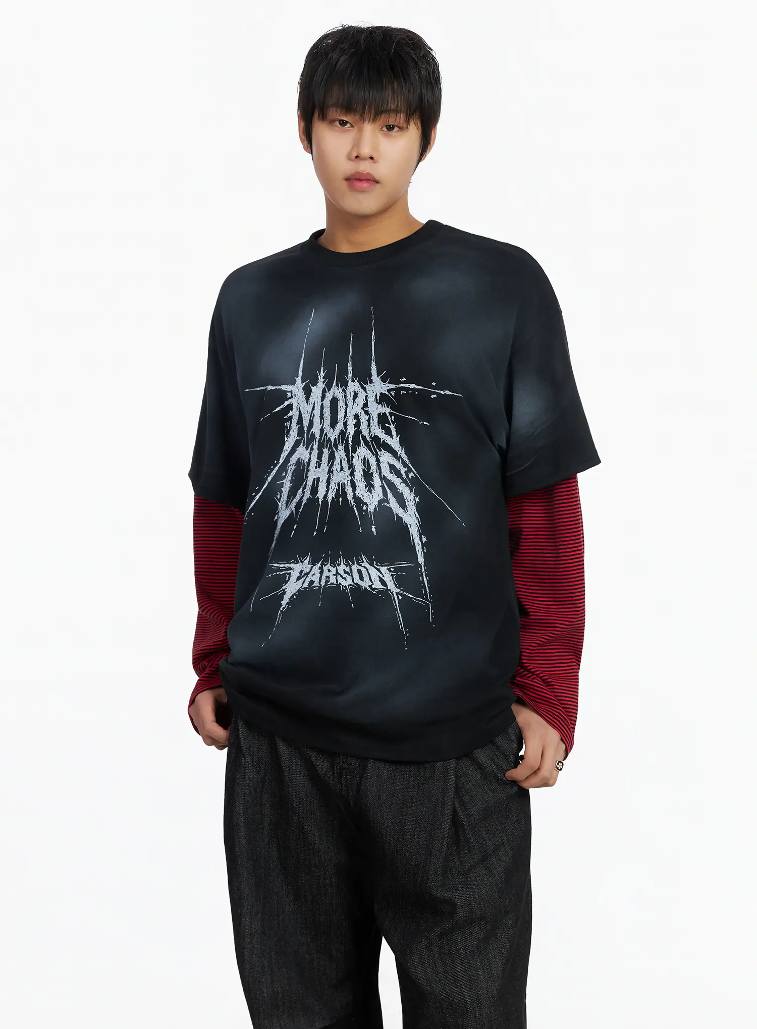 Men's Black Vintage Graphic Layered Long Sleeve Tee IJ527 - Image 2