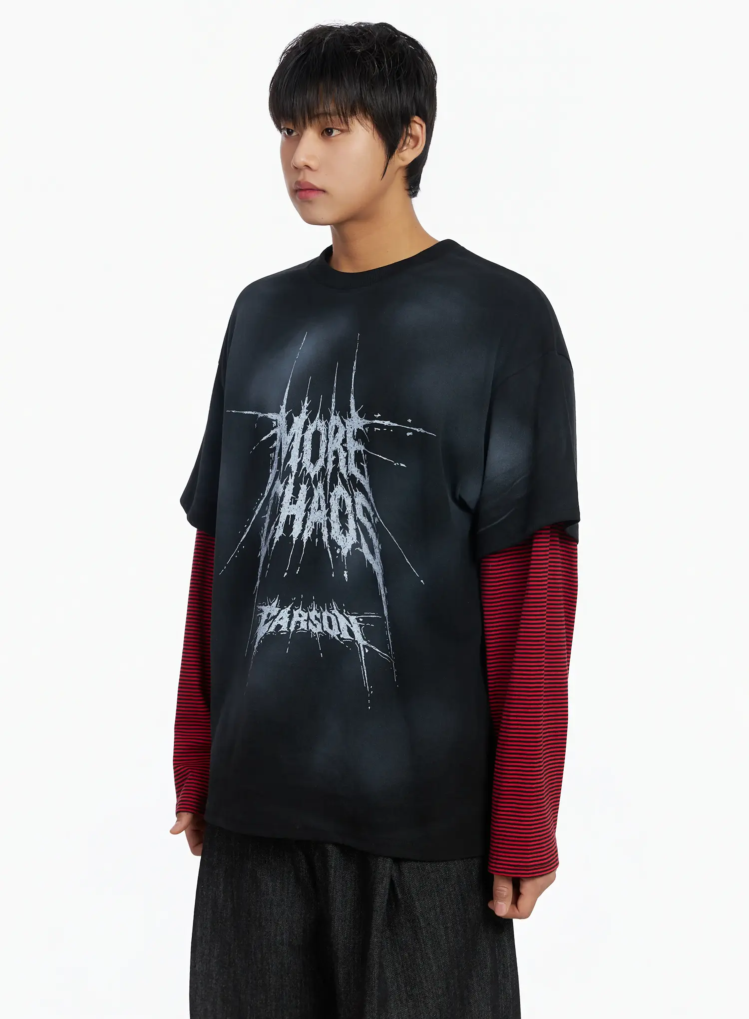 Men's Black Vintage Graphic Layered Long Sleeve Tee IJ527 - Image 4