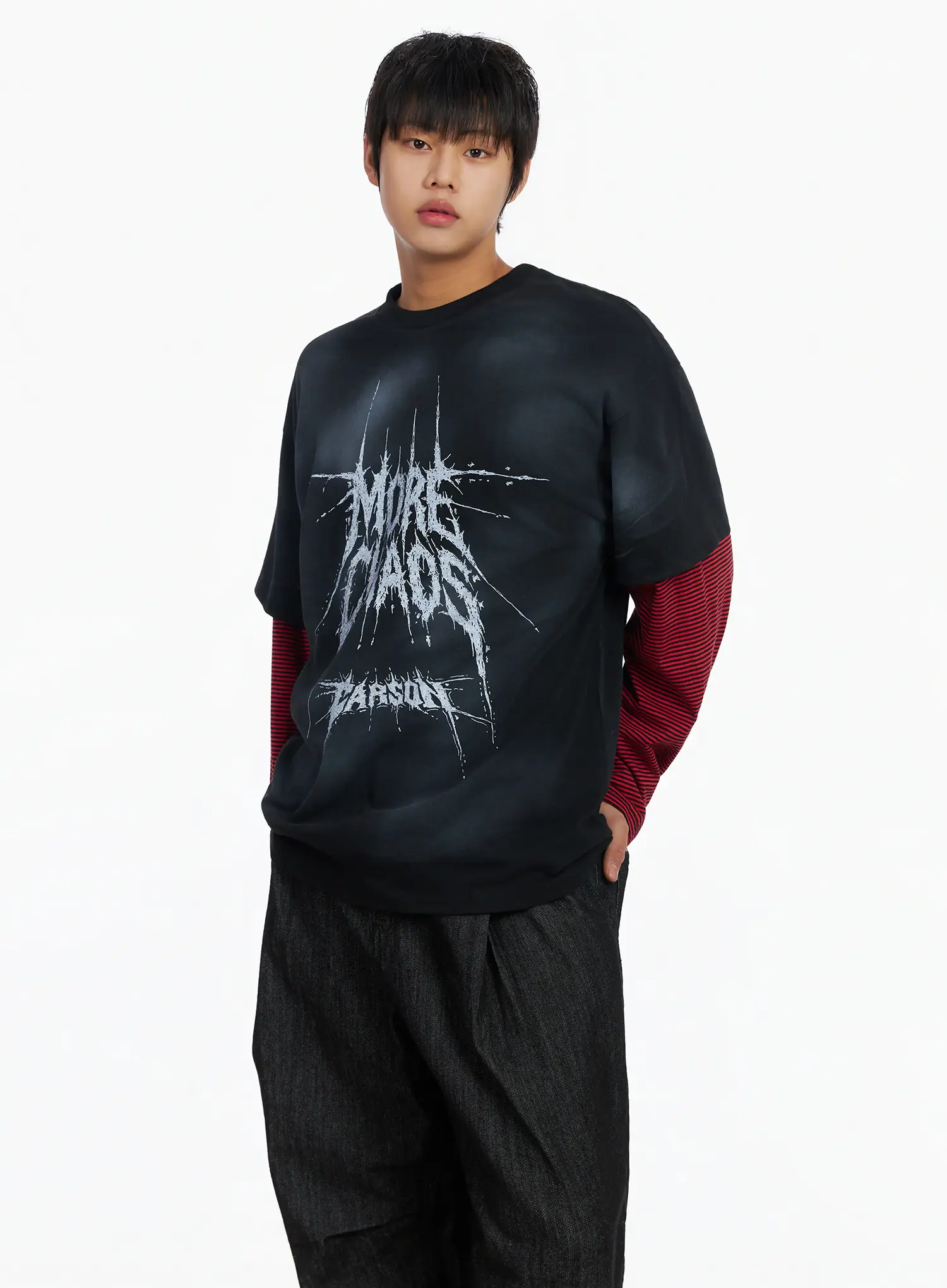 Men's Black Vintage Graphic Layered Long Sleeve Tee IJ527 - Image 6