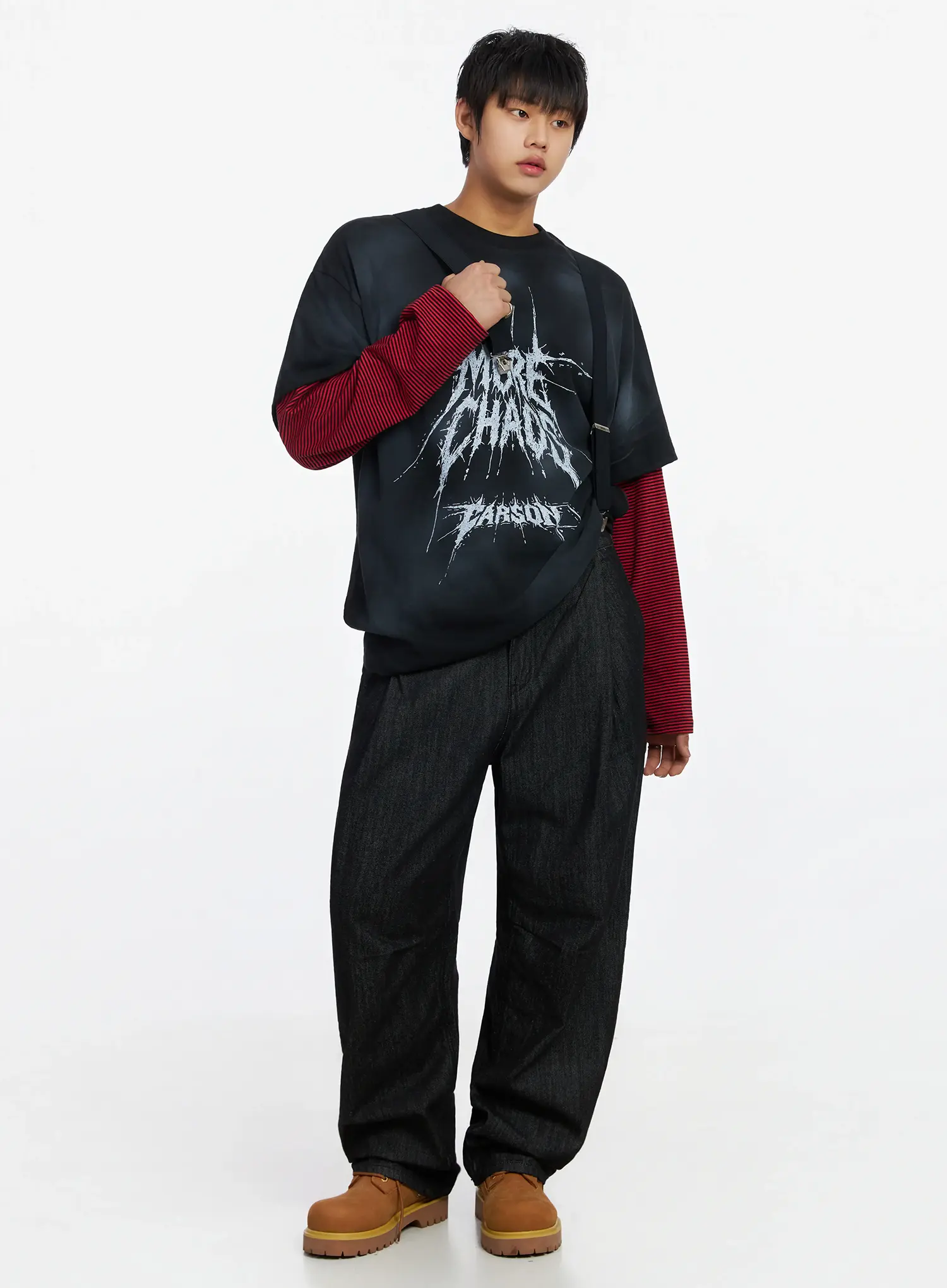 Men's Black Vintage Graphic Layered Long Sleeve Tee IJ527 - Image 7