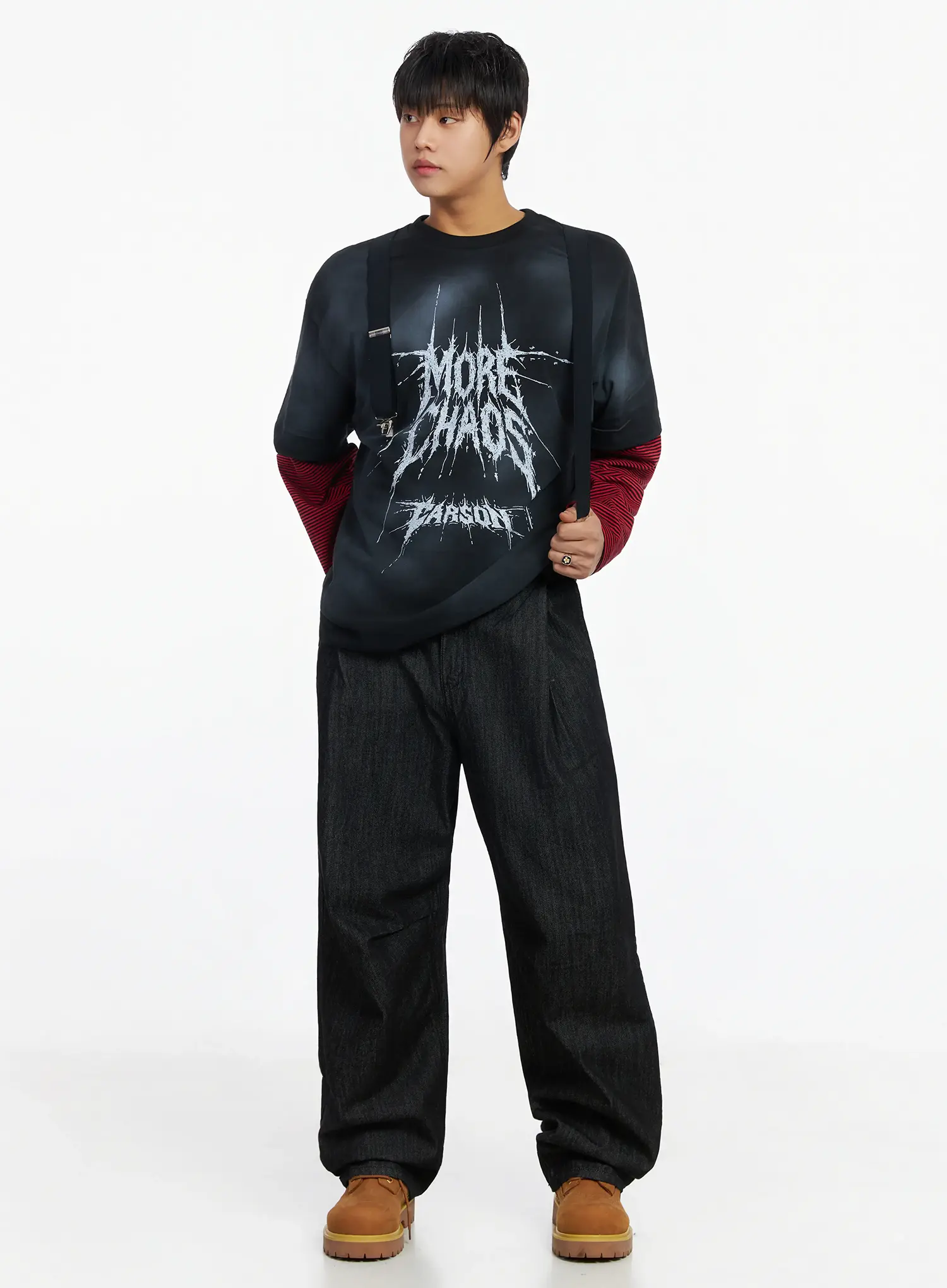 Men's Black Vintage Graphic Layered Long Sleeve Tee IJ527 - Image 8