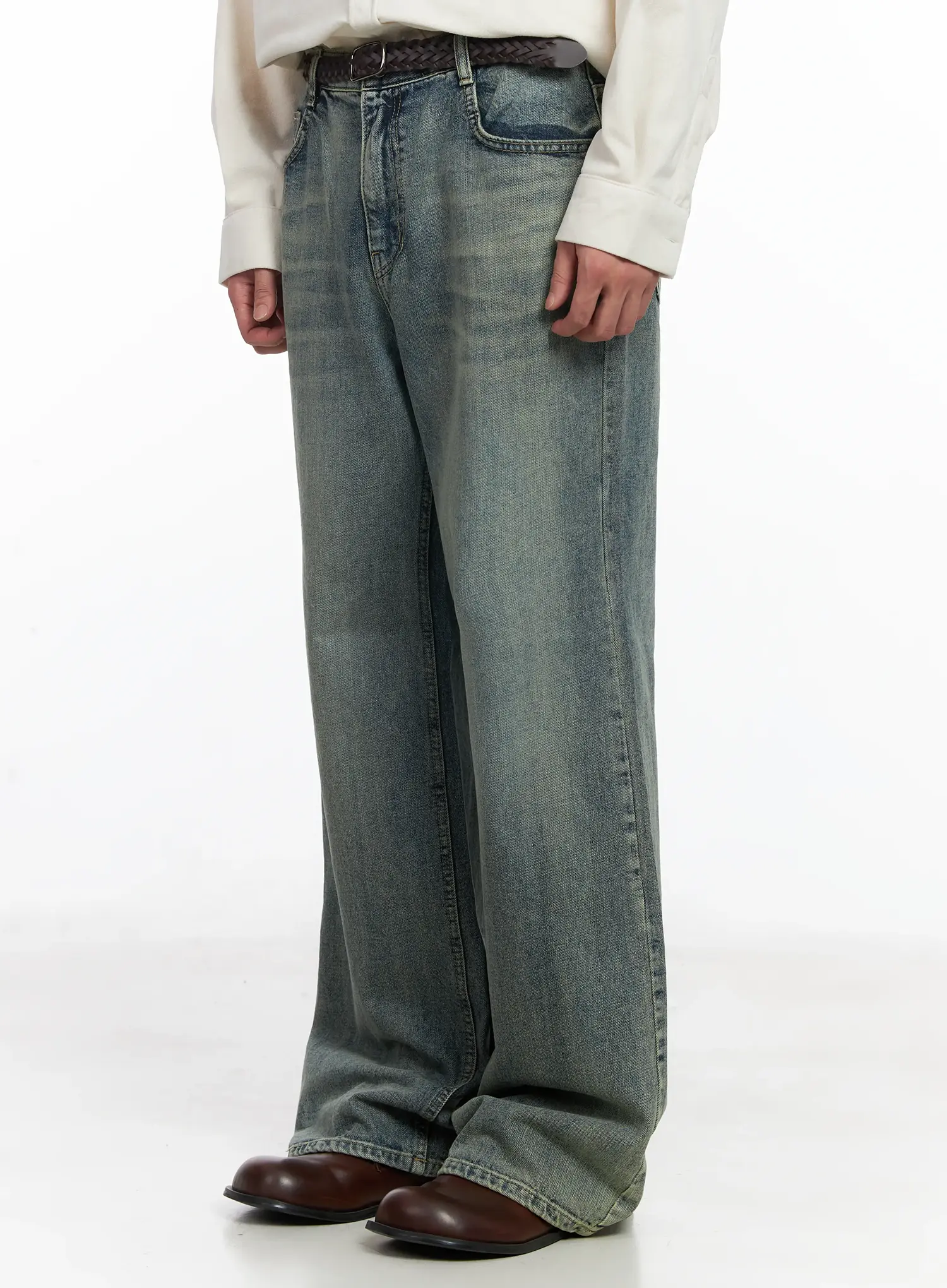 Men's Blue Washed Semi-Flared Jeans IJ521 - Image 4