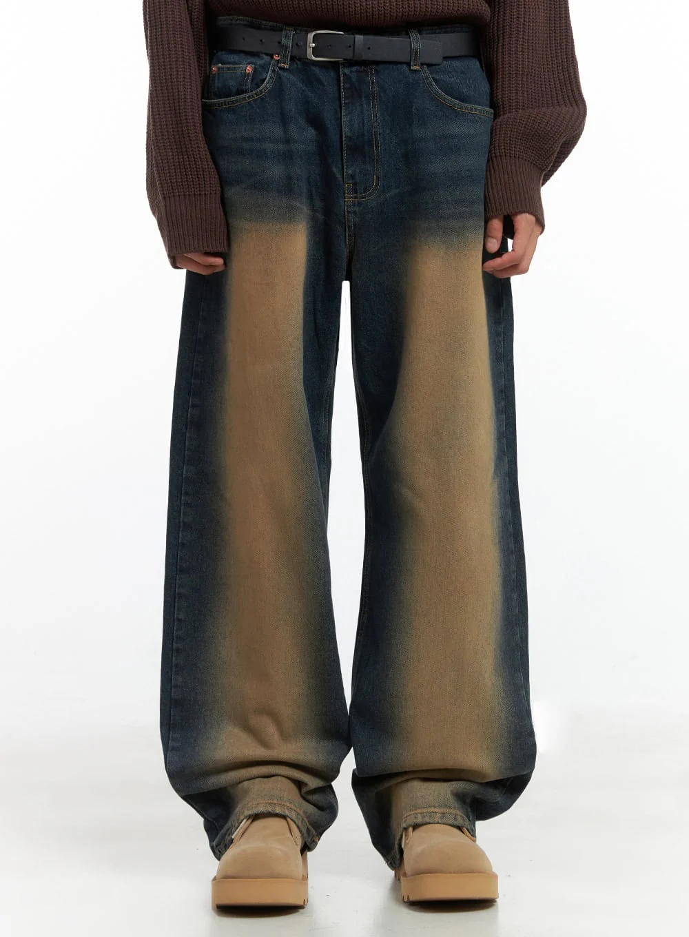 Men's Brown Washed Wide Denim Jeans IO402 - Image 2
