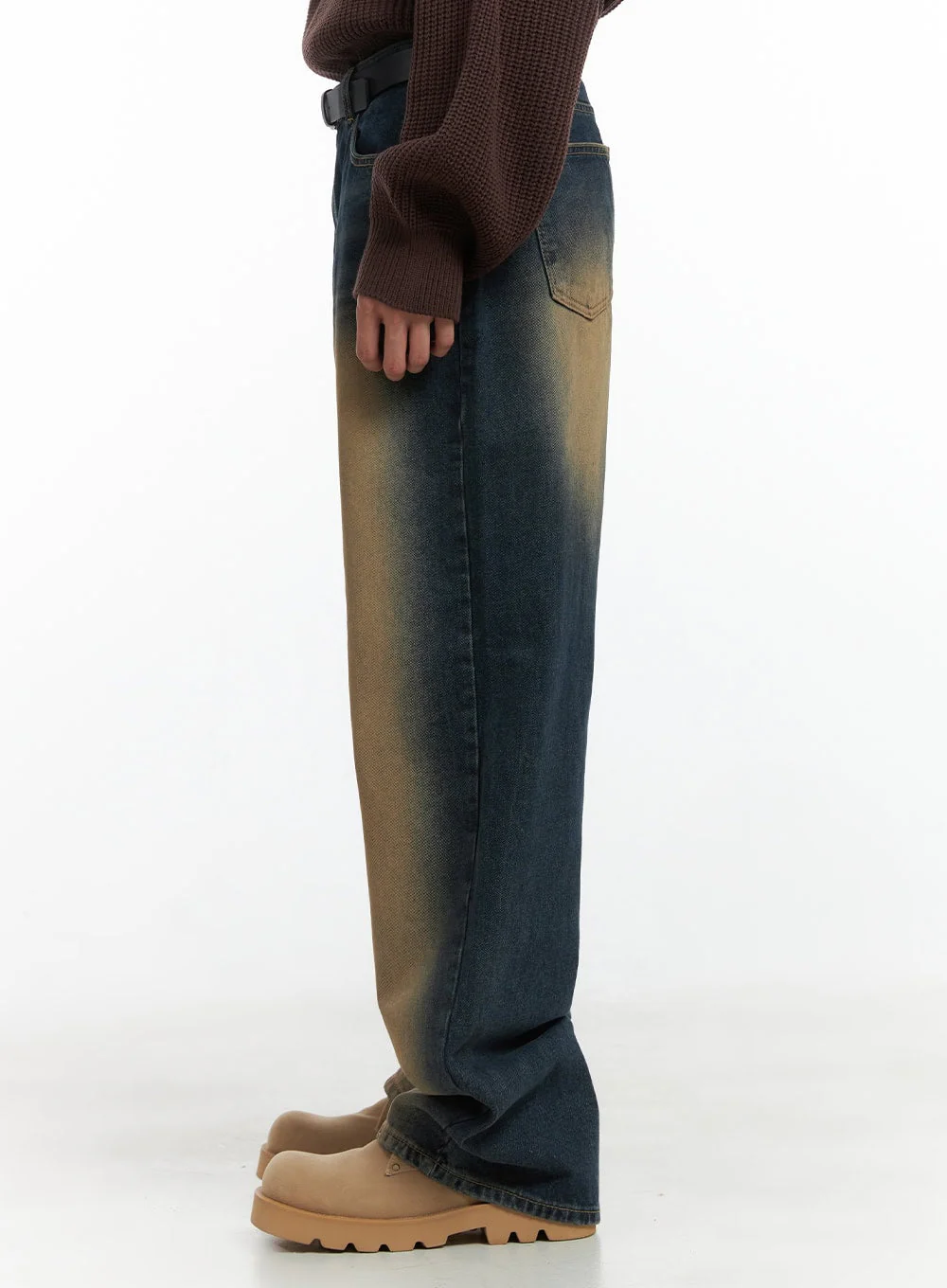 Men's Brown Washed Wide Denim Jeans IO402 - Image 4